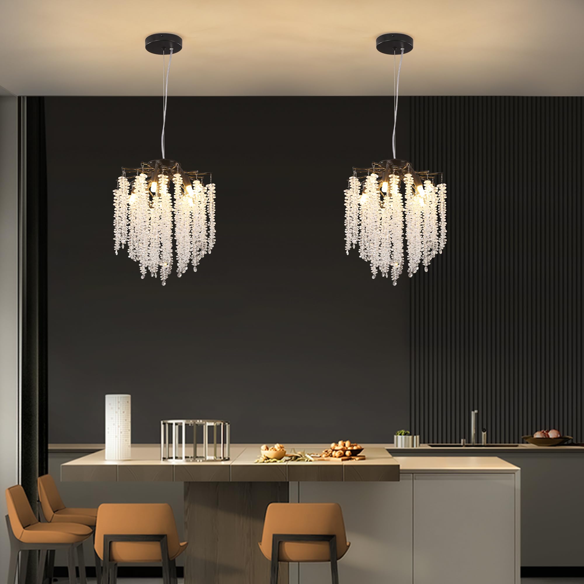 Upfelw Modern Crystal Branch Chandelier D12, Black Luxury Round Tree Branch Raindrop Pendant Light Fixture 5 Lights For Kitchen