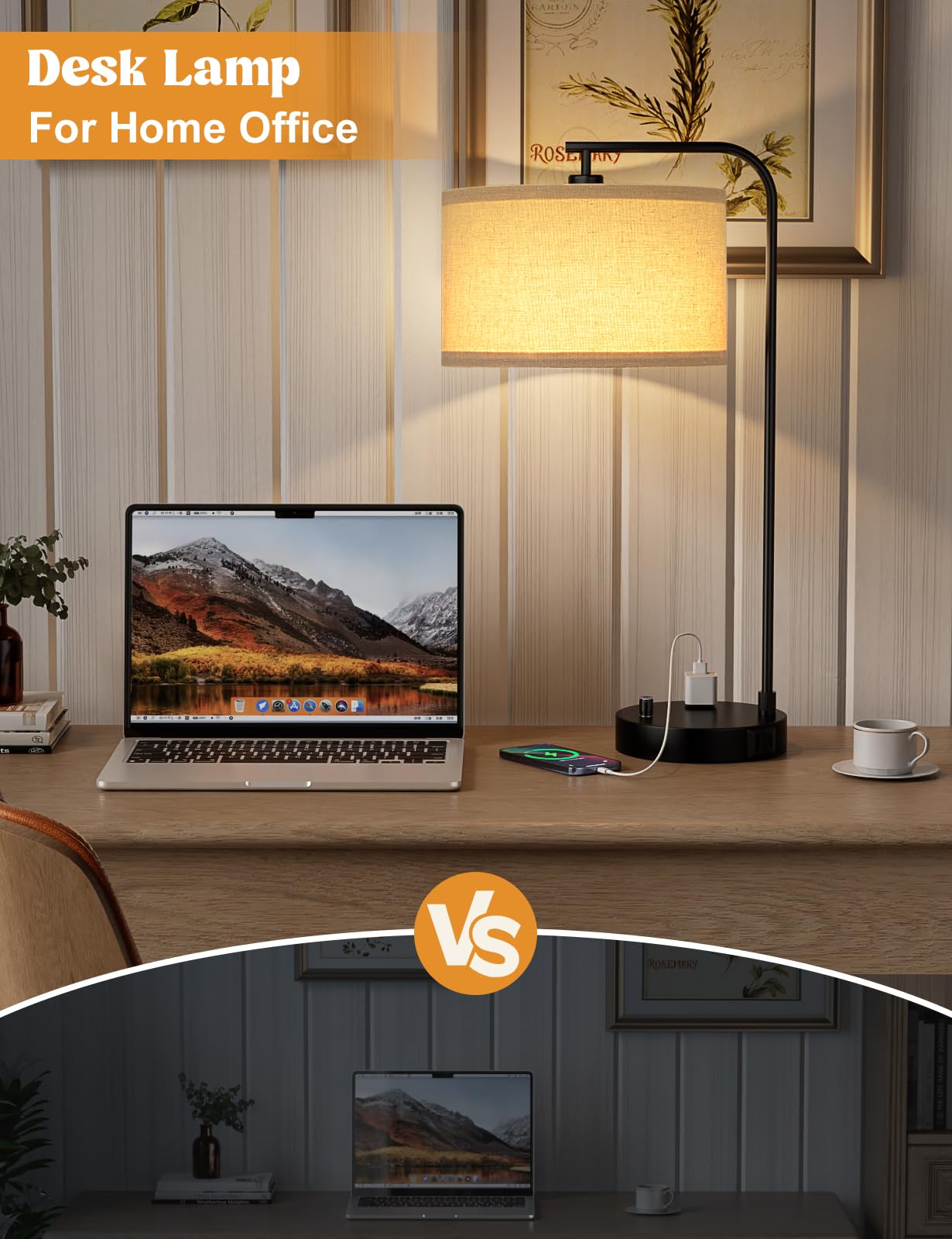 Gold Table Lamp With Usb Port And Outlet, Dimmable Nightstand Bedside Lamps With Linen Lampshade, Desk Lamp For Bedroom, Living