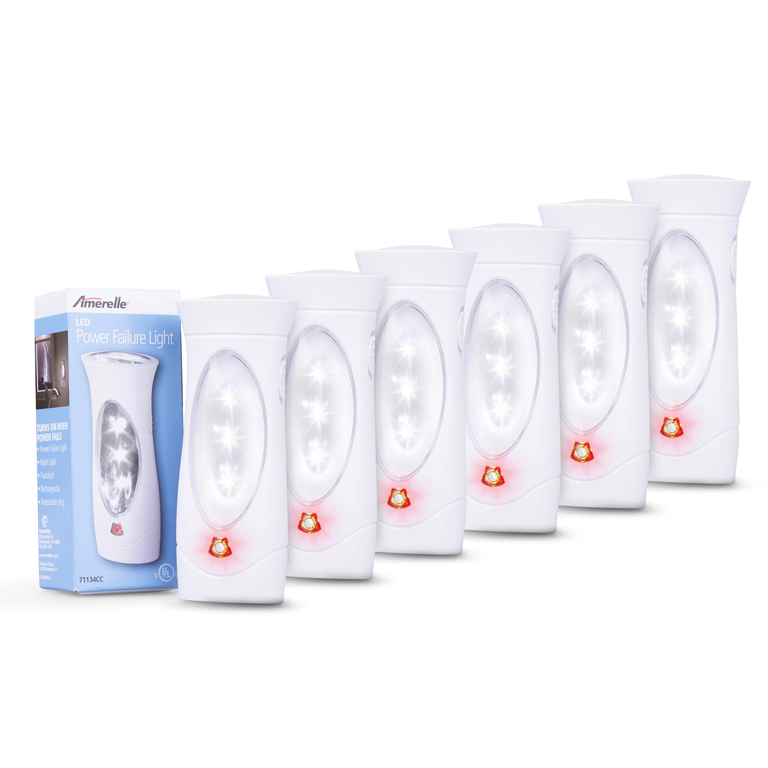 Amerelle LED Emergency Lights for Home Power Failure, 6 Pack  Triple Function Power Failure Light and Plug in Flashlight Combo,
