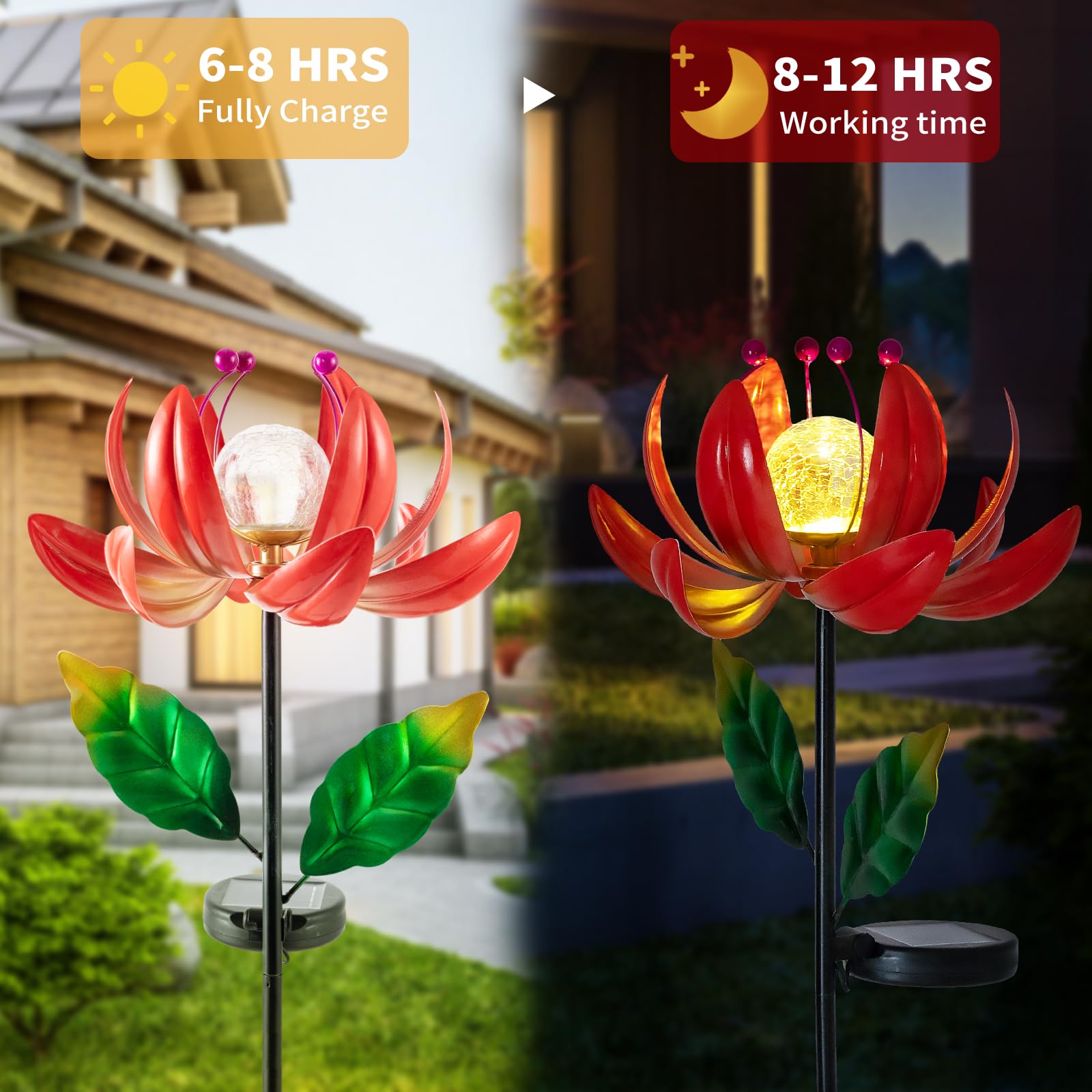 Solar Lights Outdoor Garden Decor, Solar Wind Spinner Yard Decorations For Outside, Lotus Windmill Pathway Lights With Led Cracked Crystal Ball Waterproof Flower Sculpture For Patio Lawn Garden Gifts