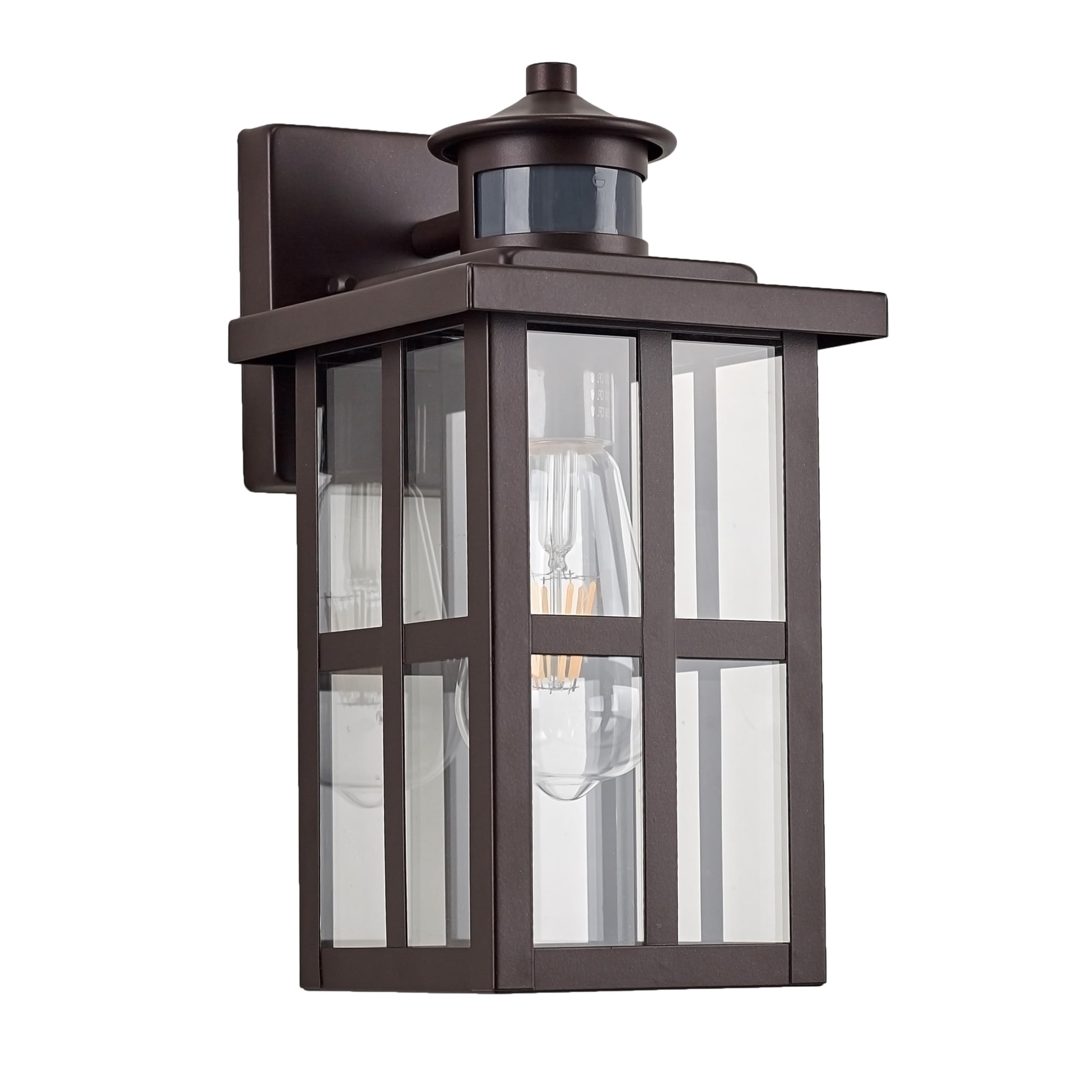 MICSIU Bronze Motion Sensor Exterior Light Fixture, 11.75 Inch Dusk to Dawn Outdoor Wall Sconce, Clear Glass Outdoor Lantern Lig