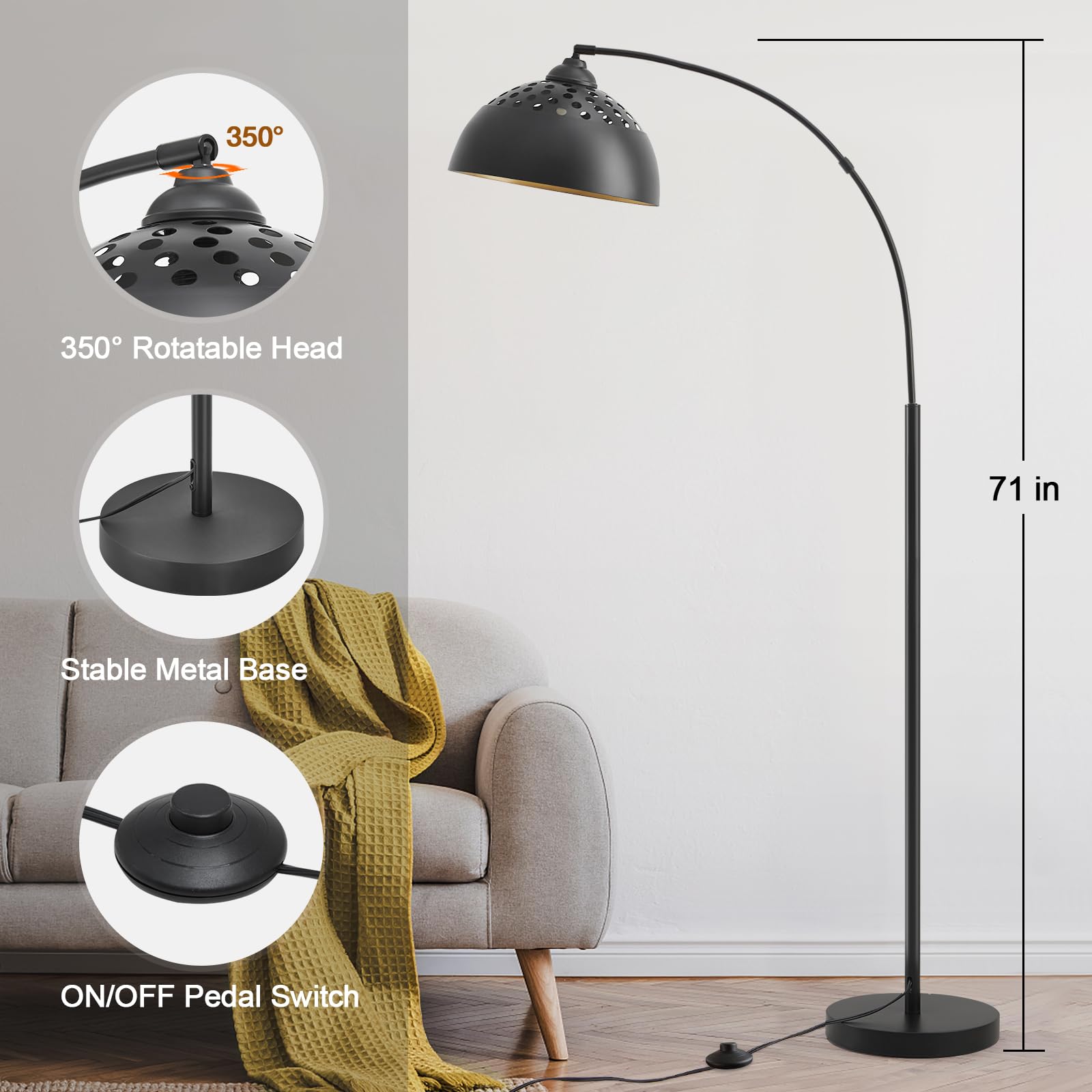 Arc Floor Lamps For Living Room, 71'' Modern Standing Lamp With Adjustable Lamp Head, Black Tall Lamp With Foot Switch, Arched R