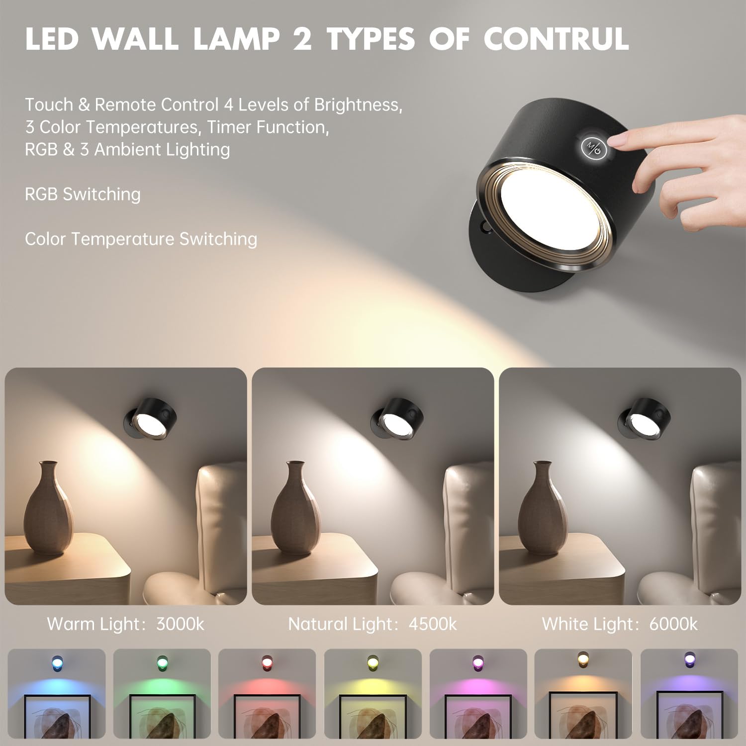 Led Wall Lights With Remote  1 Pack Rgb Rechargeable Wall Mounted Reading Sconces Lamp 3000Mah  3 Colors & Dimmable Magnetic 360 Rotation Cordless Wall Lighting Spotlights For Bedroom Bedside Hallway