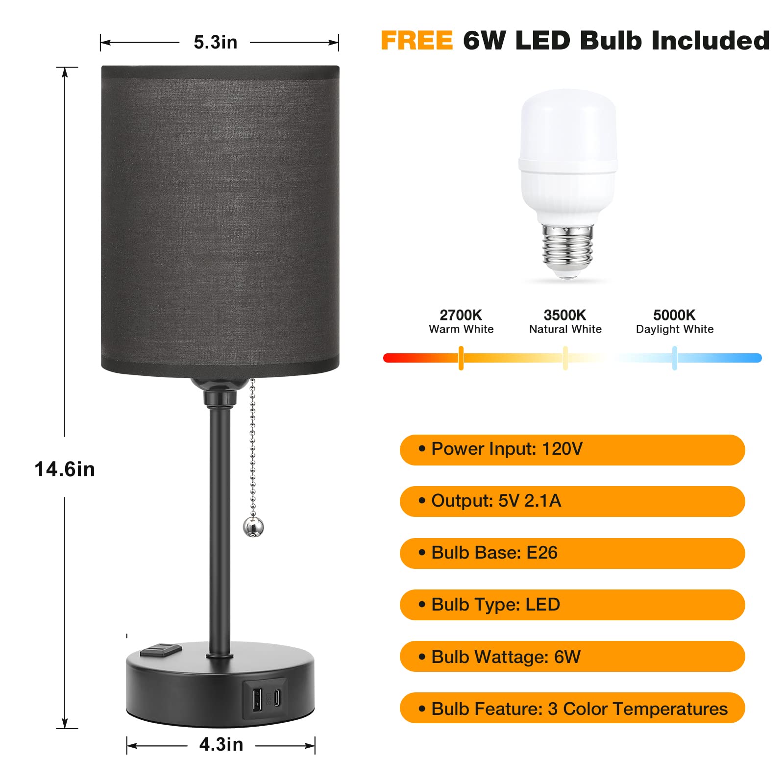 Dicoool Black Bedroom Lamps 3 Color Temperatures - 2700K 3500K 5000K Small Bedside Lamps With Usb C And A Ports, Pull Chain Tabl