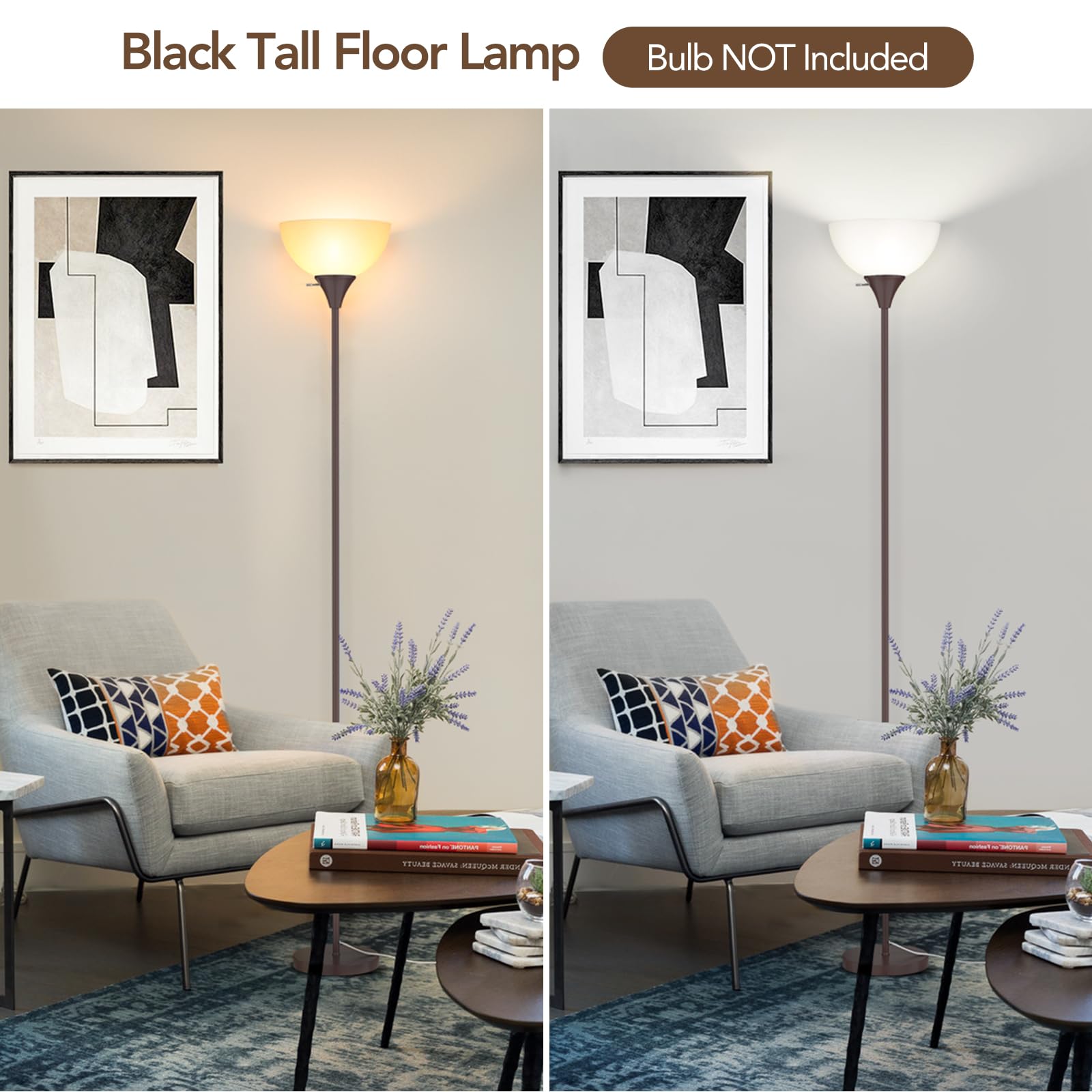Coucrek LED Floor Lamp, Brown Metal Standing Light with White Shade, Rotary Switch, Model F073