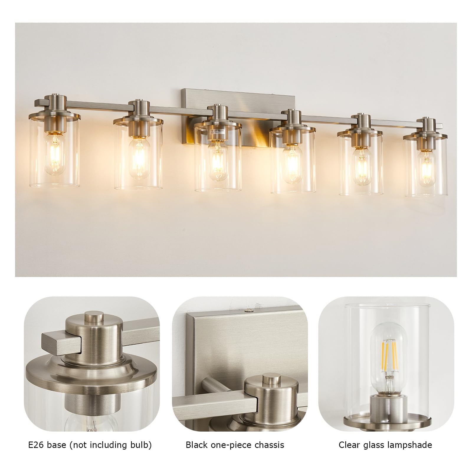 Xgfourseven 6-Light Brushed Nickel Bathroom Vanity Light With Clear Glass Shade, Wall Sconce