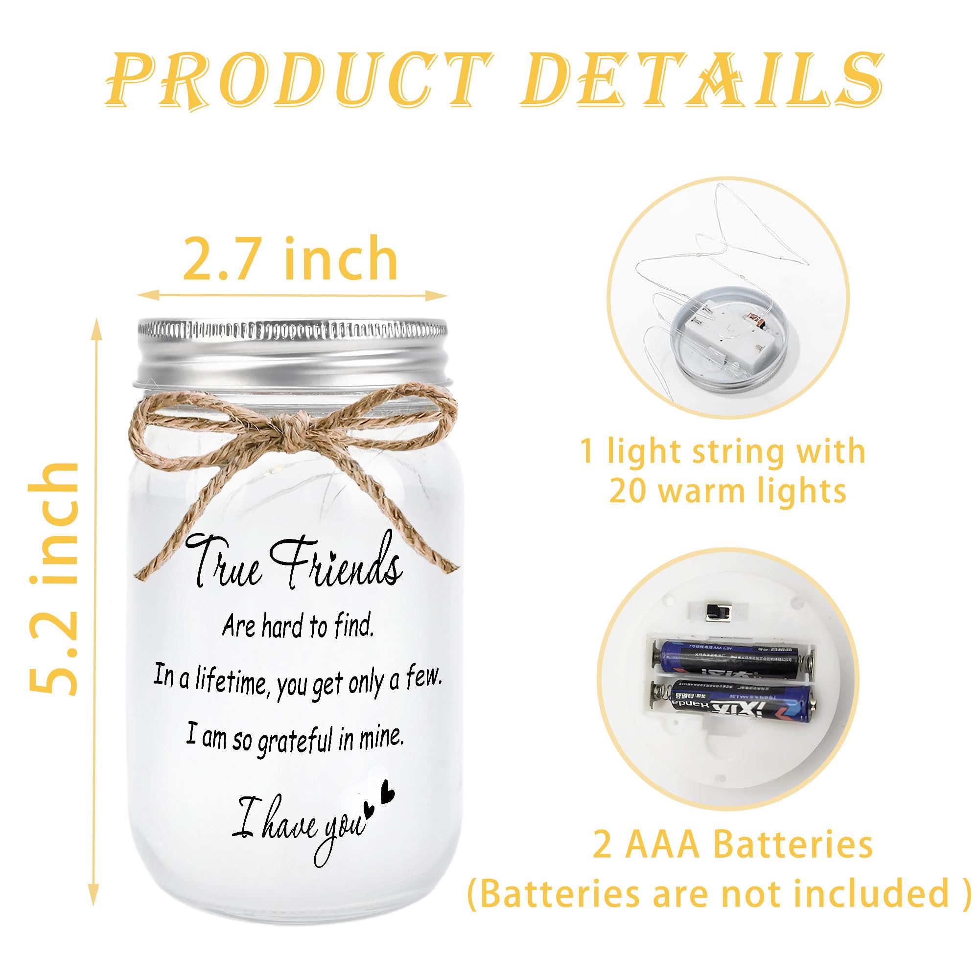 Rxyjlhjx Mason Jar Night Light - Best Friend Gift, Glass, 5.2"H x 2.7"W, Christmas Decor, Model MSG05, Color: Friend