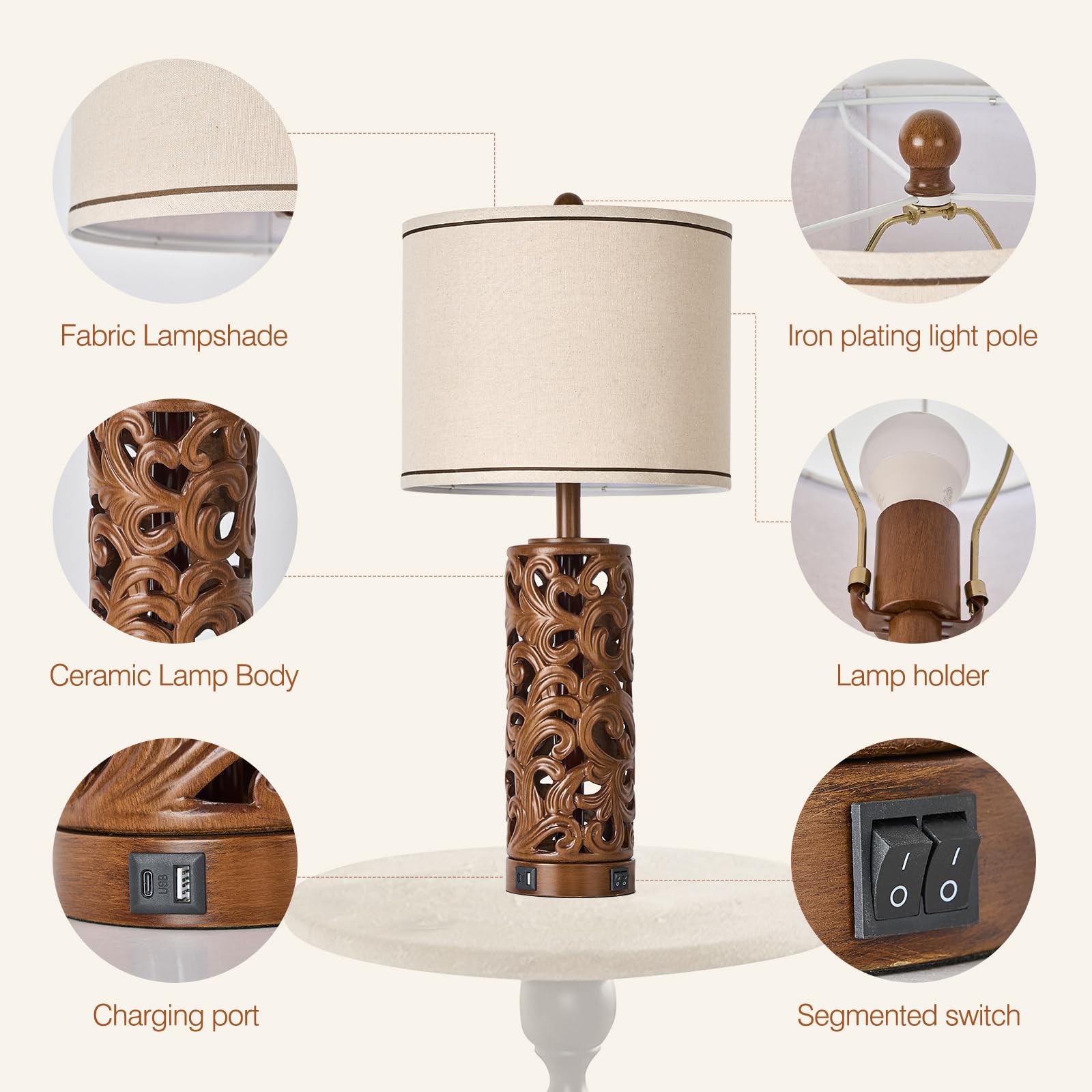 AIDENOEY 3-Way Dimmable Touch Control Table Lamp Set of 2, Vintage Walnut Finish, USB Ports, 27.5in H, Model HYZCQT002