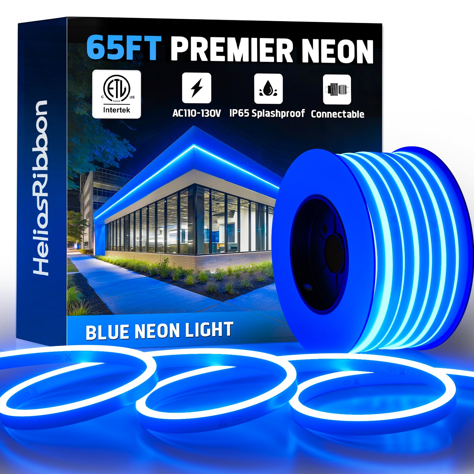 65FT Blue LED Neon Rope Lights  ETL Listed 110-120V Outdoor Flexible Neon Band IP65 Waterproof  Connectable and Cuttable  for Bar Pub Game Room Home Commercial Festival Ambient Lighting Decor