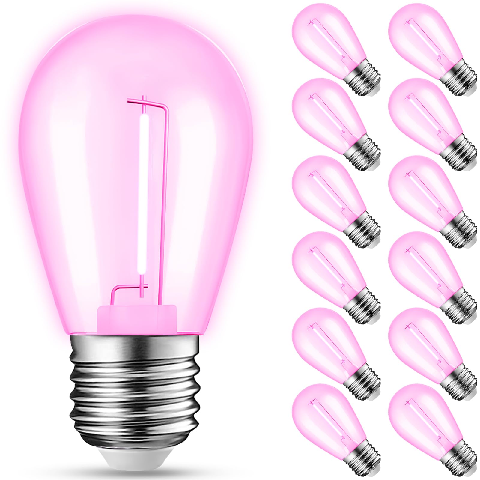 12-Pack Pink String Light Bulbs  Patio String Light Replacement Bulbs For Outdoor Indoor  1W E26 Base S14 Led Colored Light Bulbs For Christmas  Halloween Holiday Home Decor