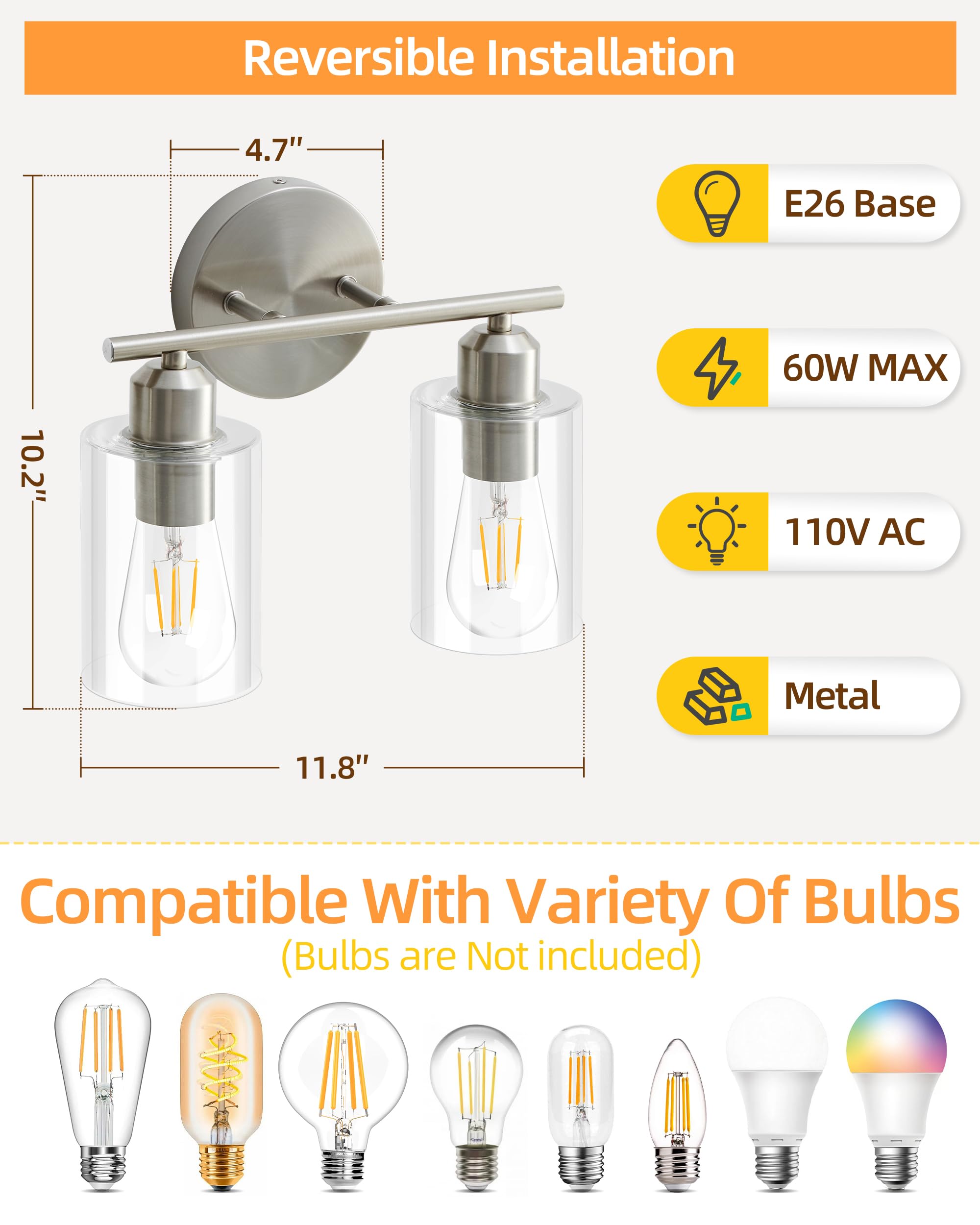 Seable 2-Light Brushed Nickel Bathroom Vanity Lights, Modern Wall Sconce With Clear Glass Shade