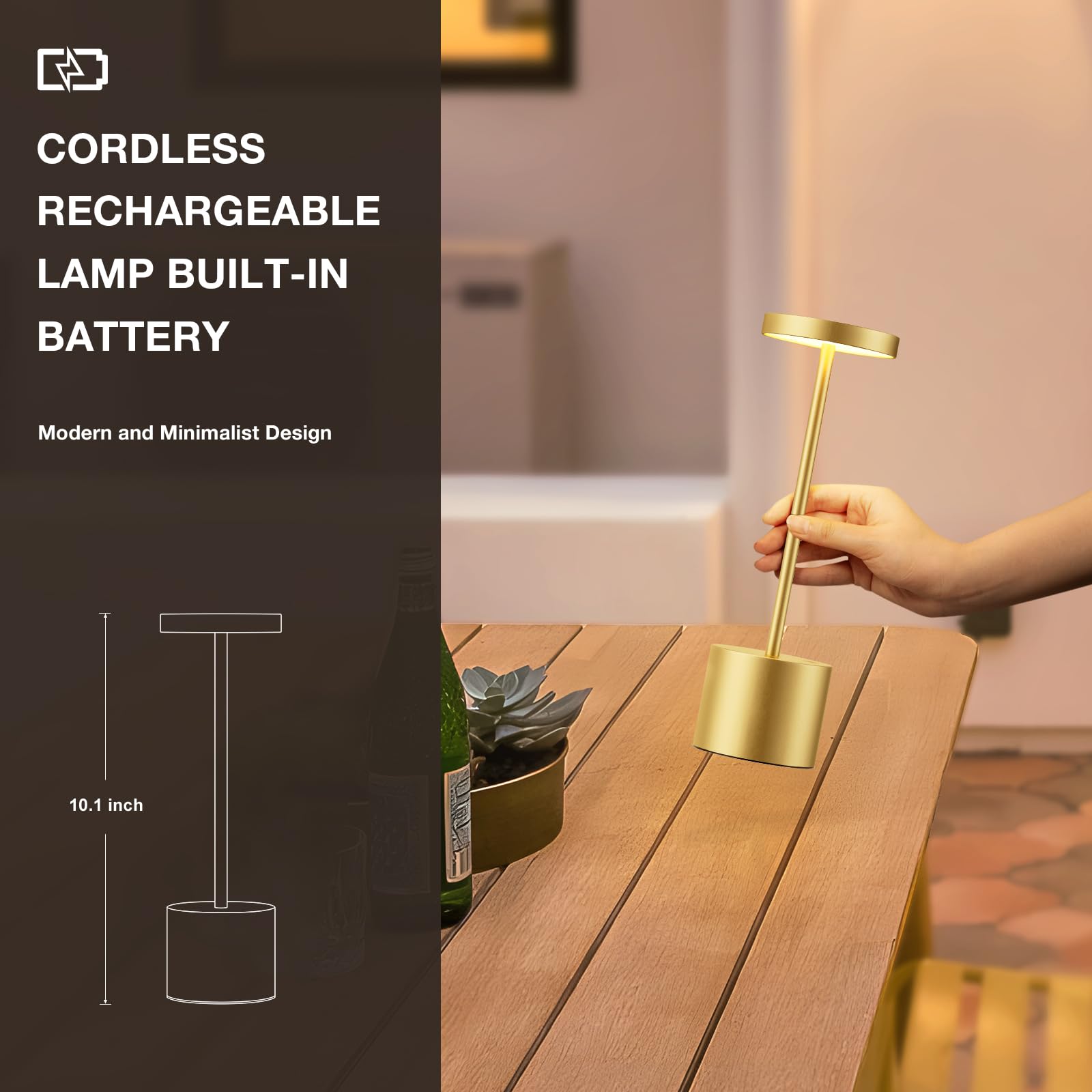 Kakanuo Gold Cordless Lamp Set - Rechargeable LED Lamps, 3 Color Temperatures, Touch Control, Stepless Dimmable, 2 Pack