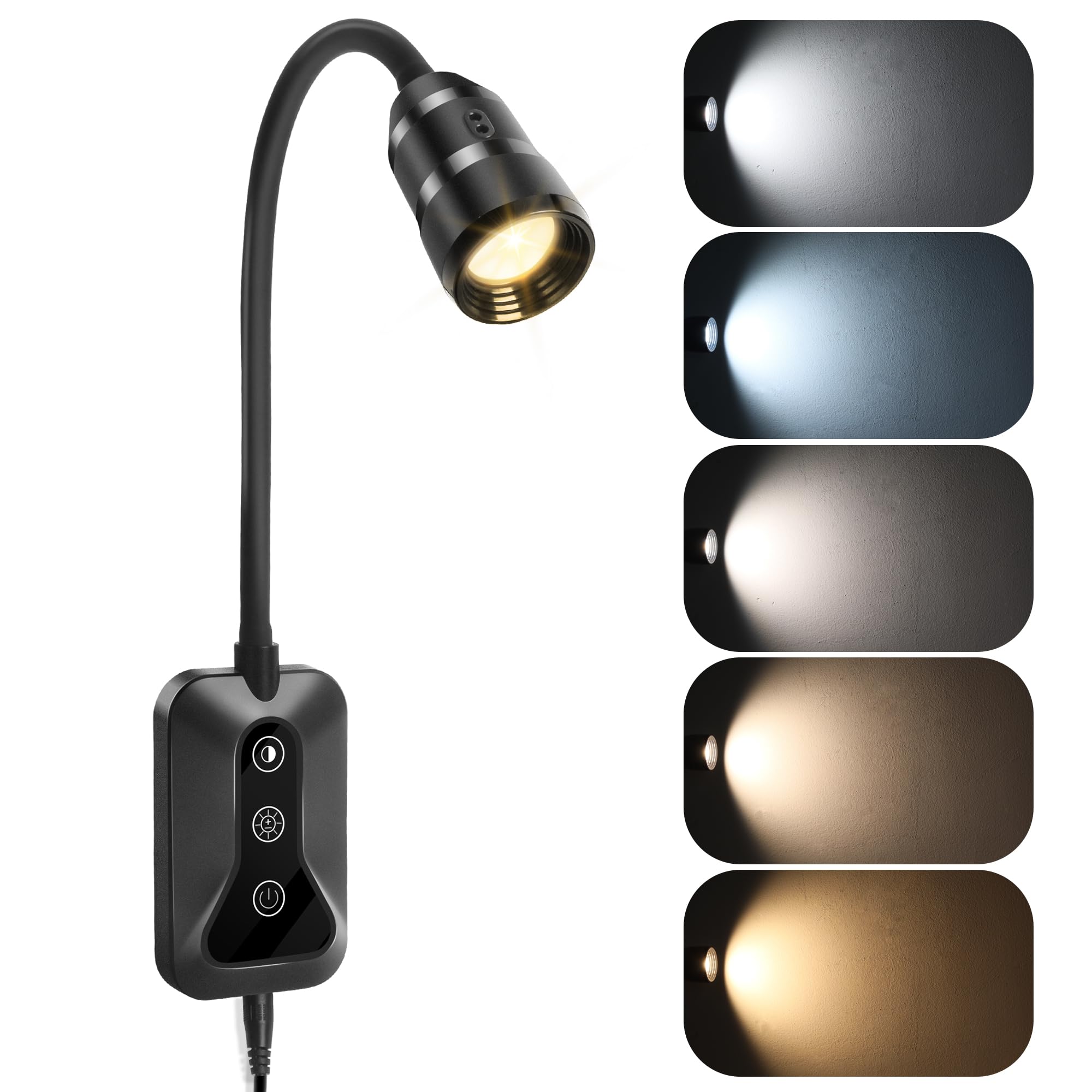 HUAEU Wall Mounted LED Reading Light for Bed Headboard - 5 Color & Brightness Levels Dimmable Book Light with Touch/Wave Control