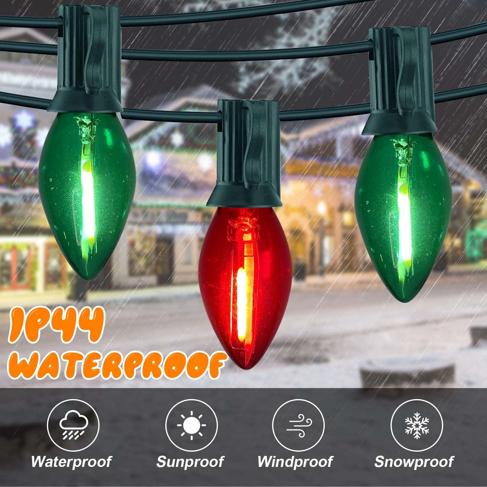C7 Led Christmas Lights Multicolor 25Ft Outdoor Christmas Decoration Lights With 27 Red Green Led Bulbs, Vintage Christmas Light