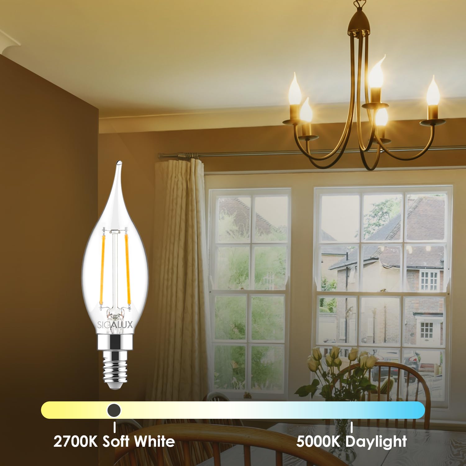 Sigalux E12 LED Candelabra Bulbs, Dimmable Flame Tip, 4.5W, 500LM, 2700K Soft White, 48 Count, CA10