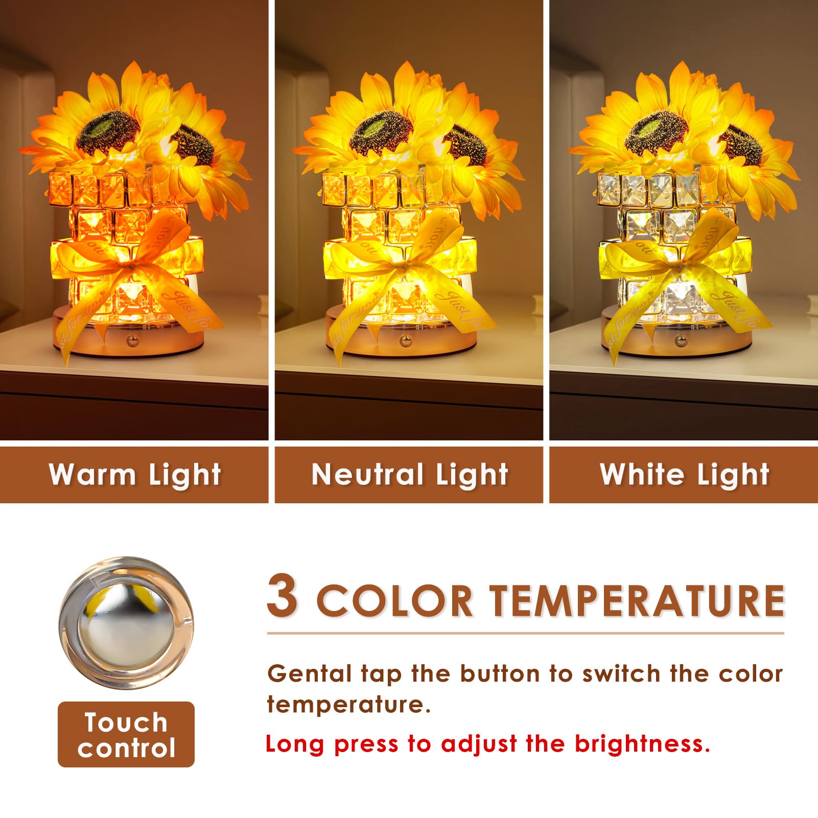 Sunflower Flower Table Lamp Gifts: Mothers Day Birthday Gifts For Women Mom Grandma Sister  Rechargeable Battery Powered Cordless Touch Small Crystal Night Light  Kitchen Bedroom Office Decor