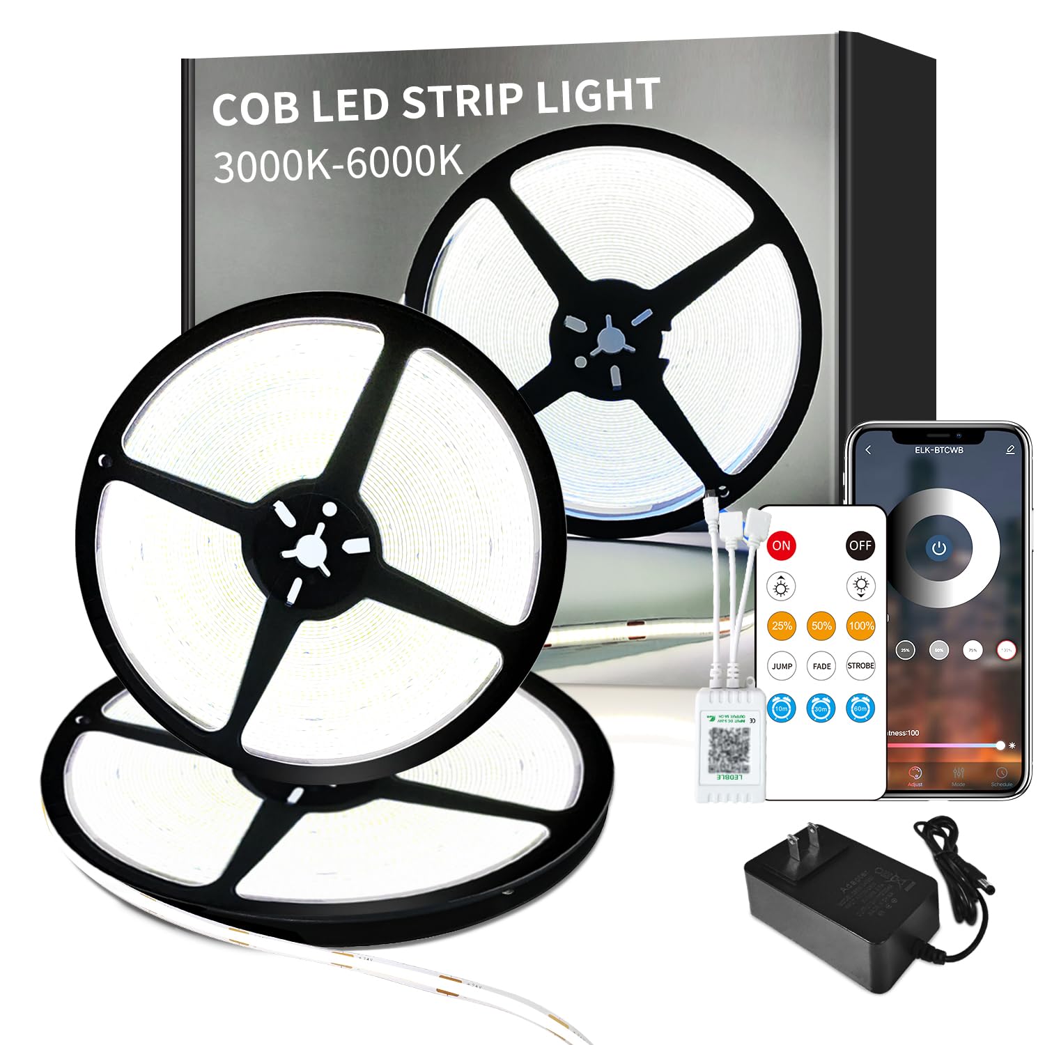Yeewhale 100Ft Cob Led Strip Lights 6000K White Dimmable Dc 24V Flexible Led Tape Light For Bedroom, With Remote And App Control Led Light Strip,For Diy Home Decoration