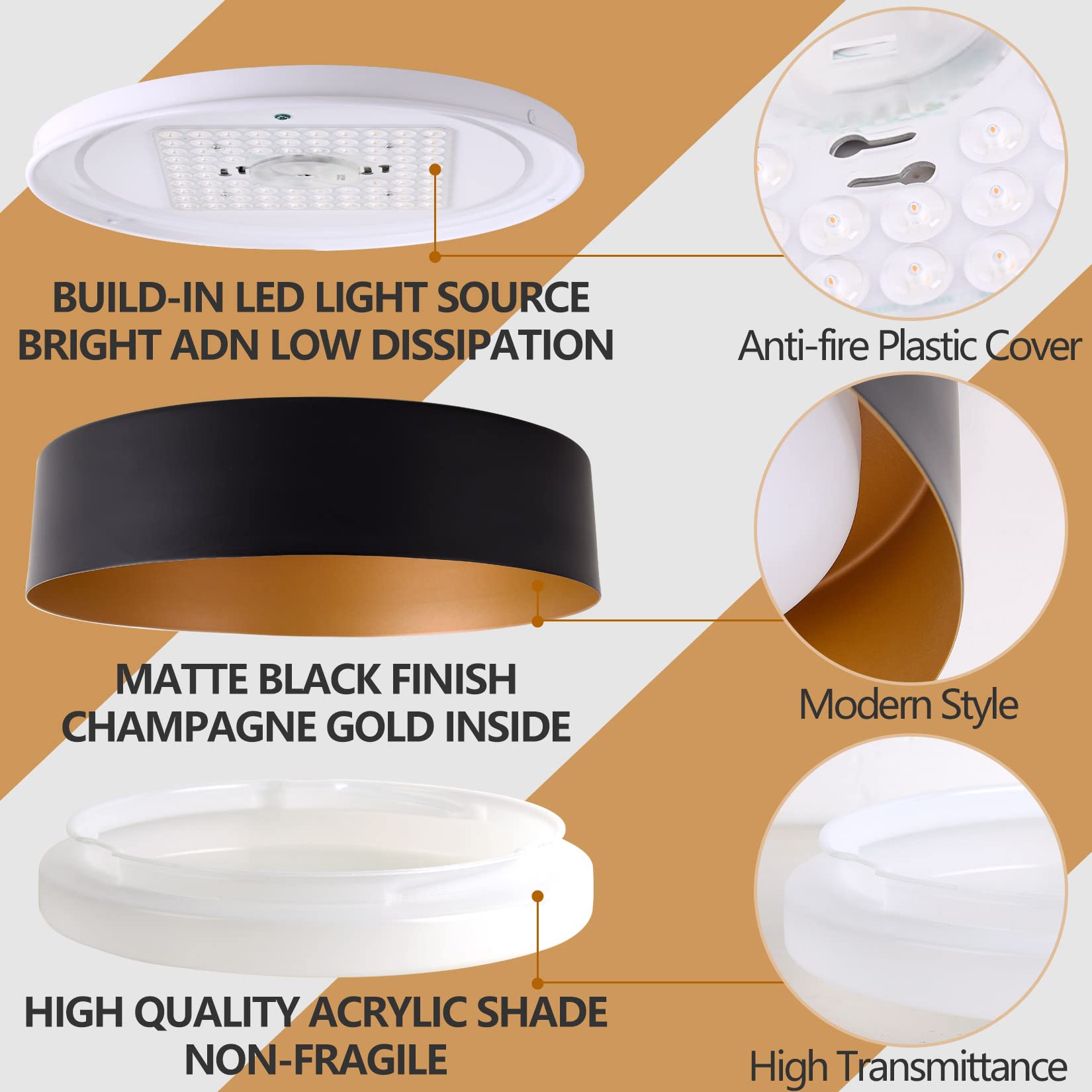 Bargeni 16.5 Inch Led Ceiling Light Fixture,Dimmable Flush Mount Ceiling Light Matte Black With Gold Inside,3000K/Warm White/30W