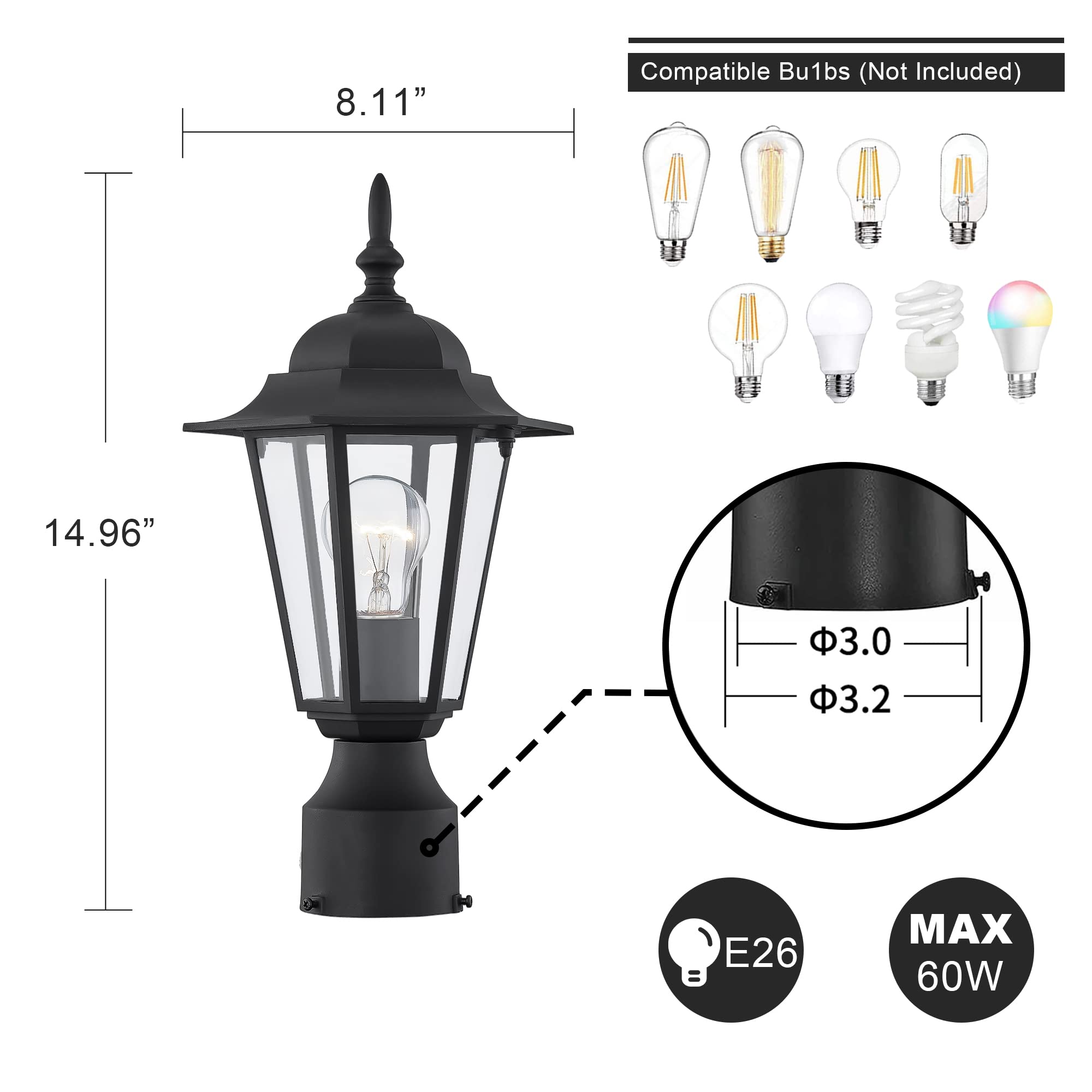 Outdoor Post Lights, Lamp Post Light Fixture With E26 Socket, Exterior Post Lantern With Clear Glass Shade, Pillar Outside Light