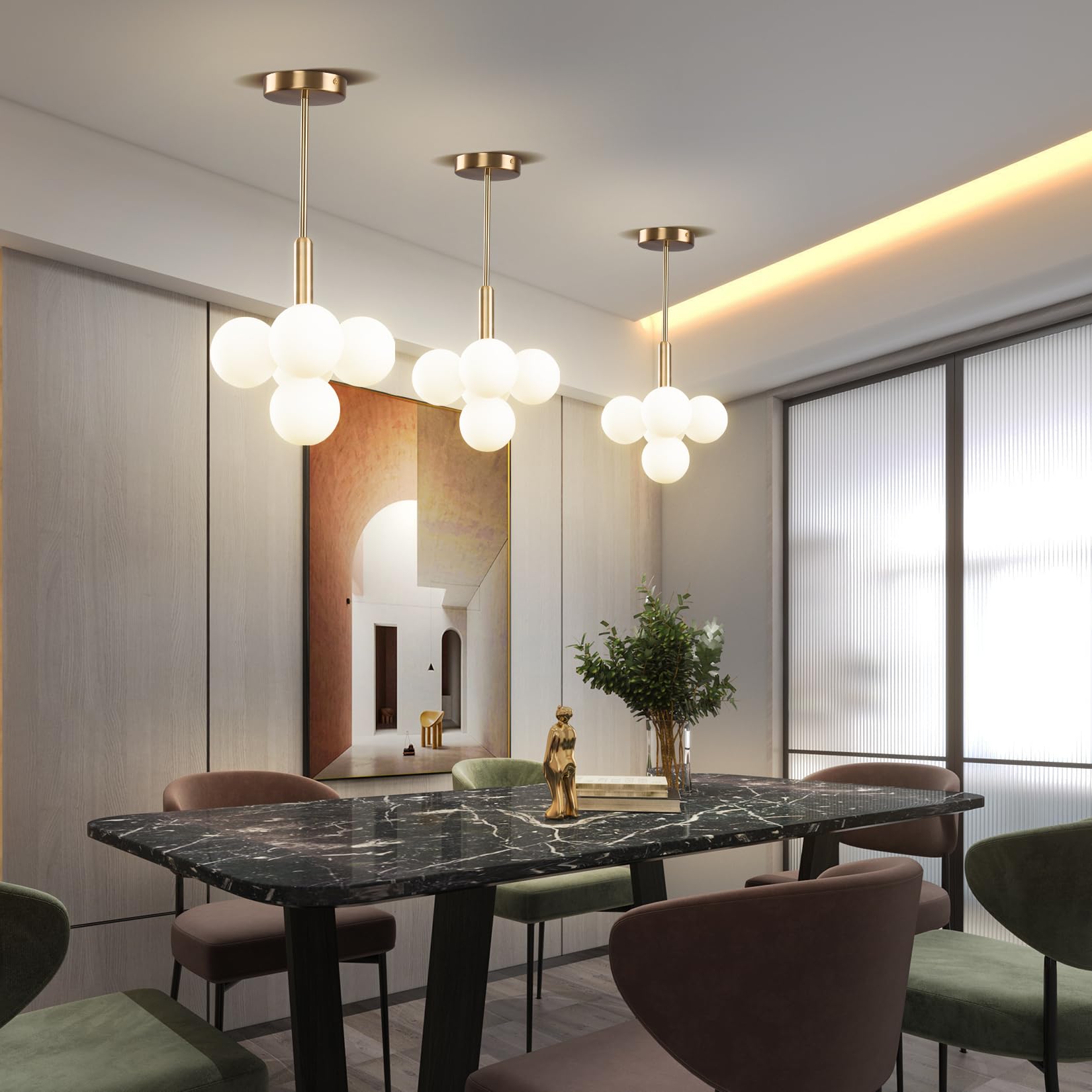 Modern Gold Chandelier - 5 Lights Globe Glass Sputnik Ceiling Lights Fixture Mid-Century Bubble Pendant Light For Dining Room Br