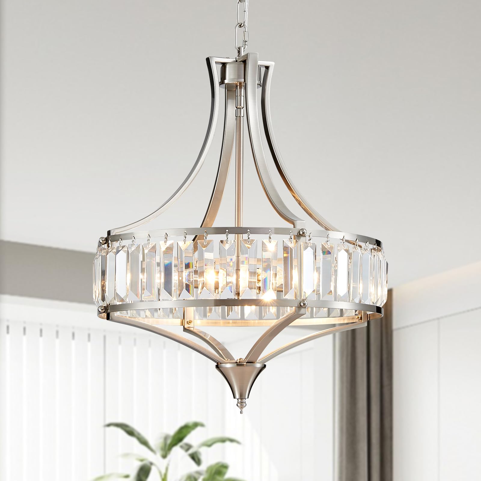 Avzkcy Modern Crystal Chandelier Brushed Nickel, Round Pendant Lighting Fixtures, 15.7'' Height Adjustable Farmhouse Ceiling Lig
