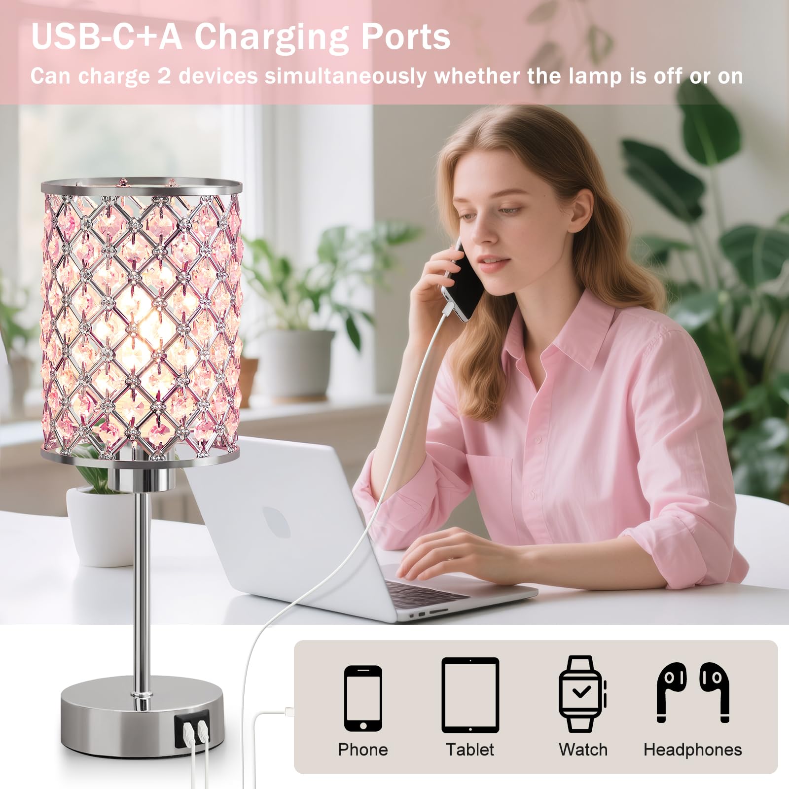 Pink Crystal Table Lamp, Touch Control Bedside Lamps With Usb-C+A Charging Ports, 3-Way Dimmable Nightstand Small Desk Lamp Set