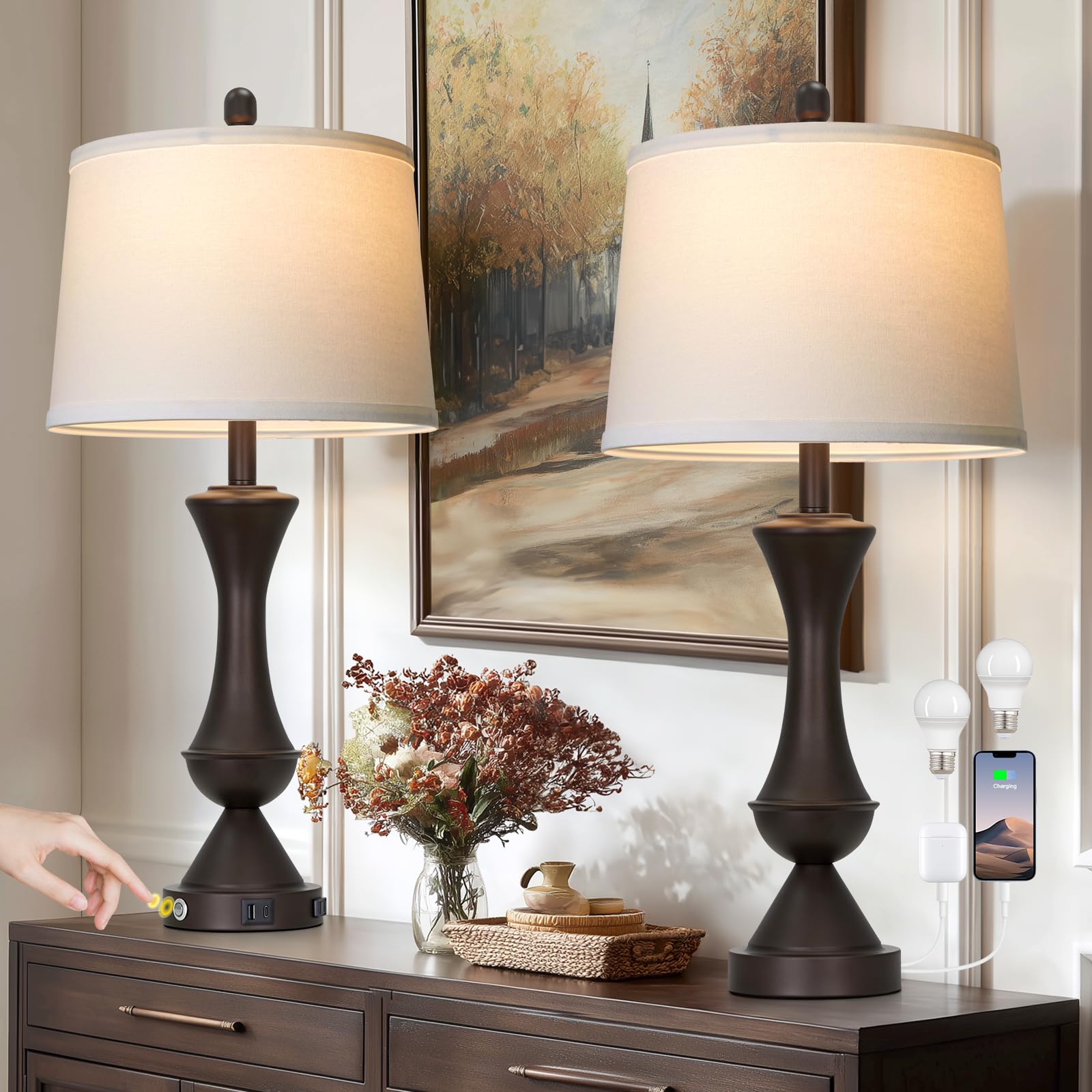 luxeflow 29 BrownTall Table Lamps for Living Room, Touch Control Bedroom Lamp with USB A+C Ports, 3-Way Dimmable Bedside Table L