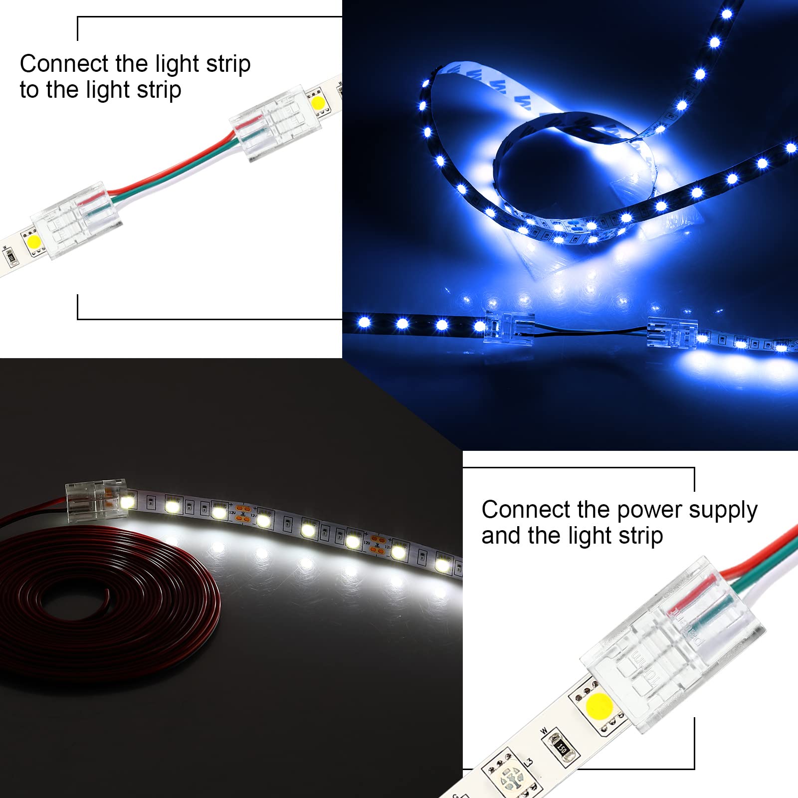 20 Pack 4 Pin 10Mm Solderless Led Strip Connector Transparent Track Lighting Led Pin Connectors With Wire Strip 16.4Ft For 5050(