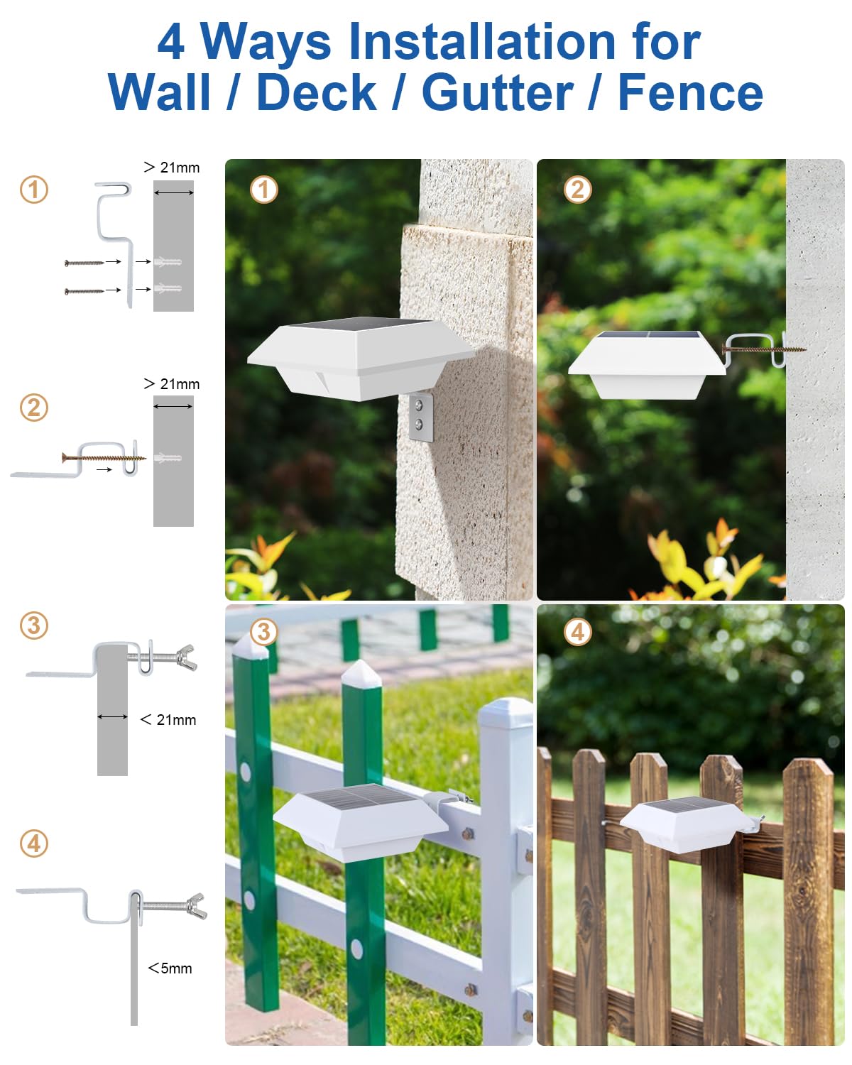 FALOVE 8 Pack Solar Powered Gutter Lights, Warm White, Waterproof 12 LEDs for Outdoor Use, No Drilling Installation, Model FA0416W