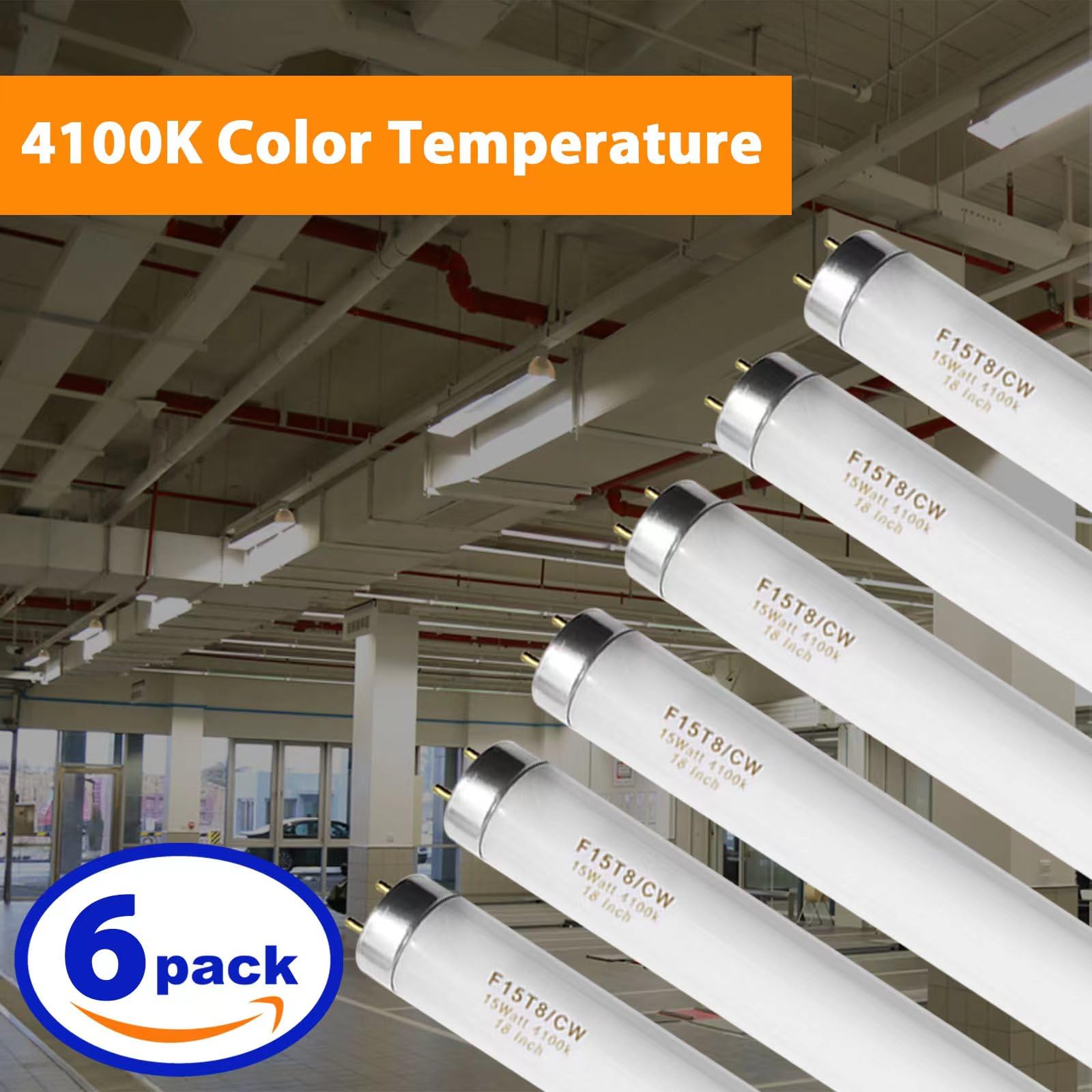 Konideke F15T8/CW Fluorescent Light Bulb, 15W, Glass, Cool White, G13 Base, 6 Pcs-Pack