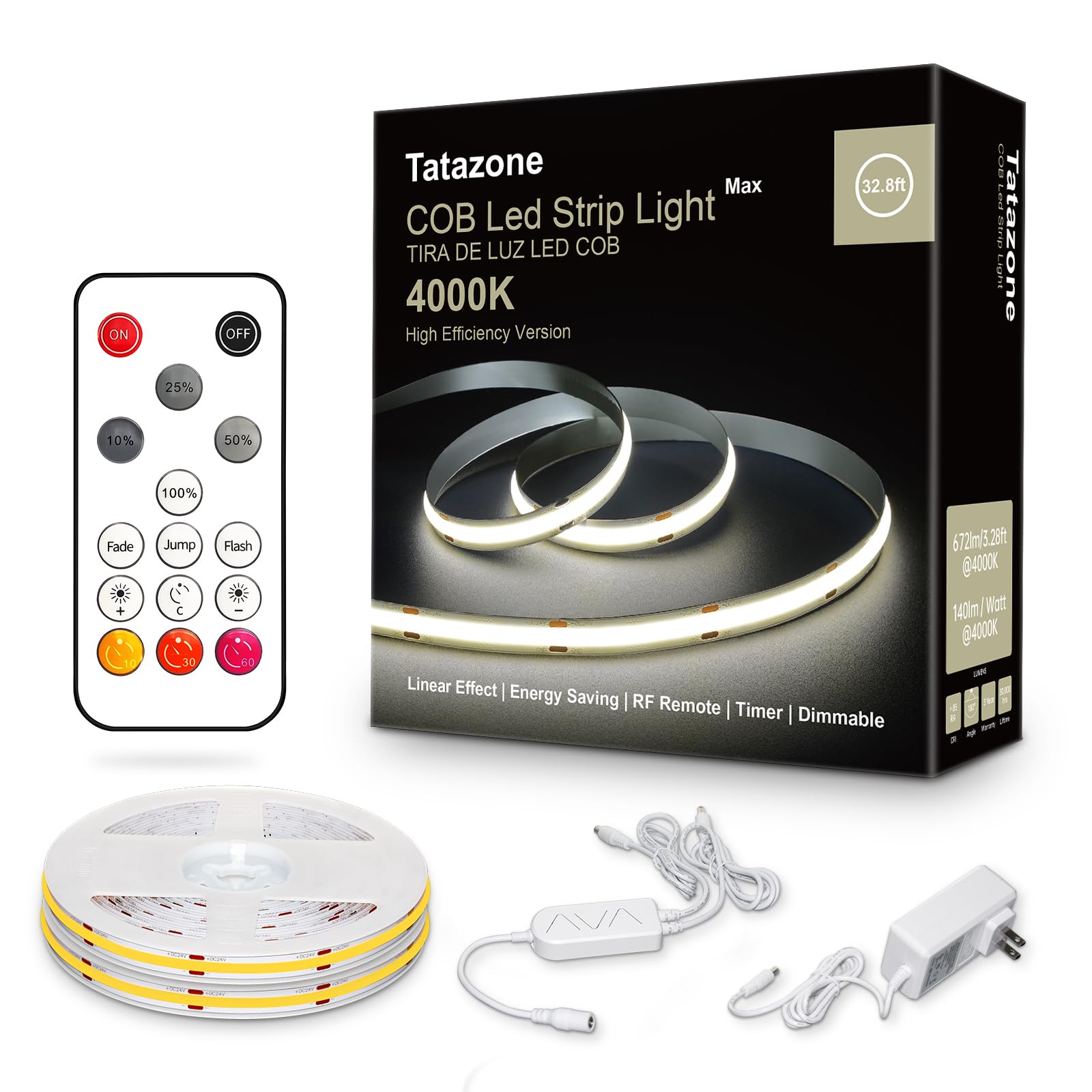 Tatazone 32.8ft 4000K White COB Led Strip Lights with Remote, Dimmable Bright Neutral White COB Light Strip, Indoor COB Led Ligh