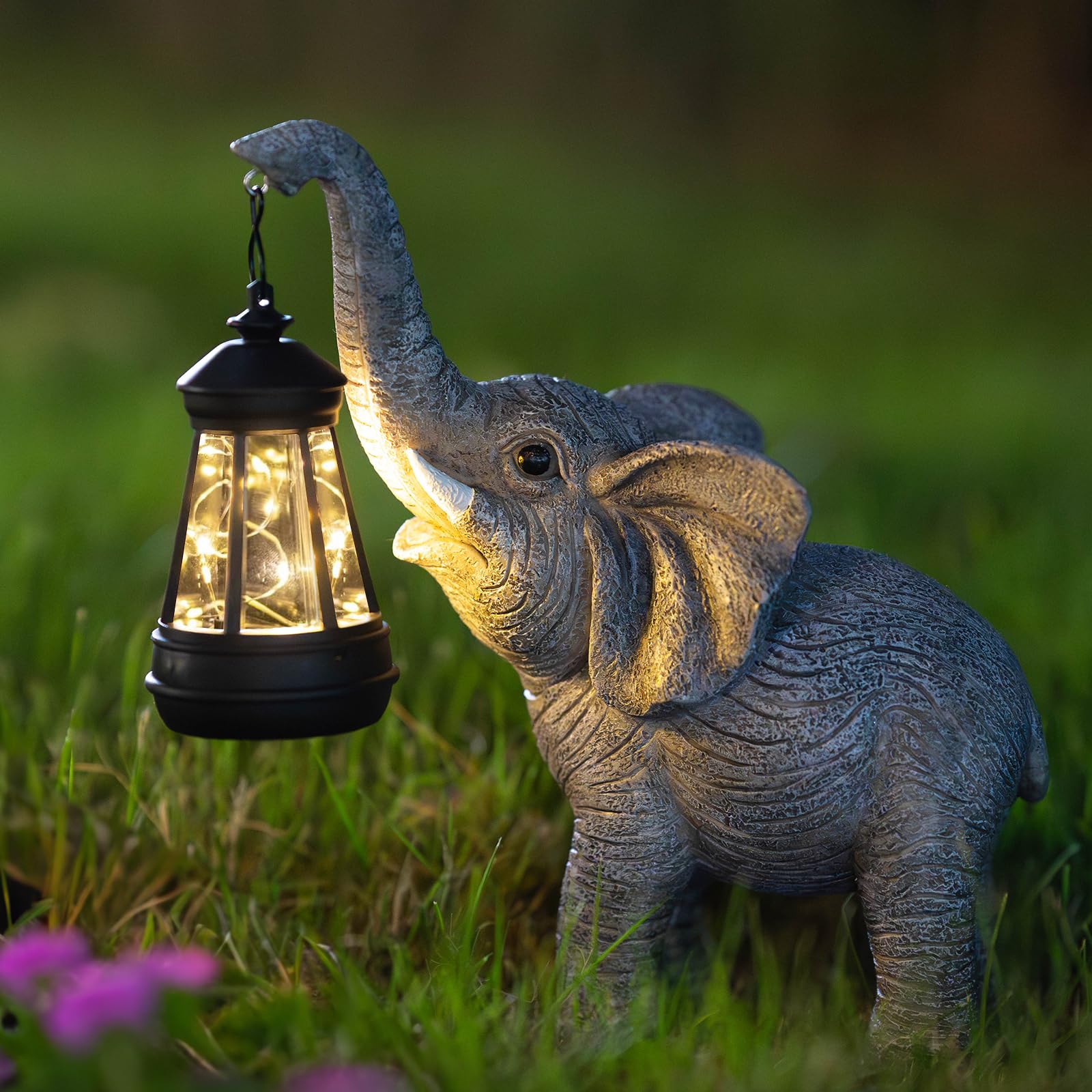 Candieslife Solar Garden Statue Lights Elephants Figurine with Solar Lantern, Outdoor Yard Decorations for Patio Porch Home, Chr