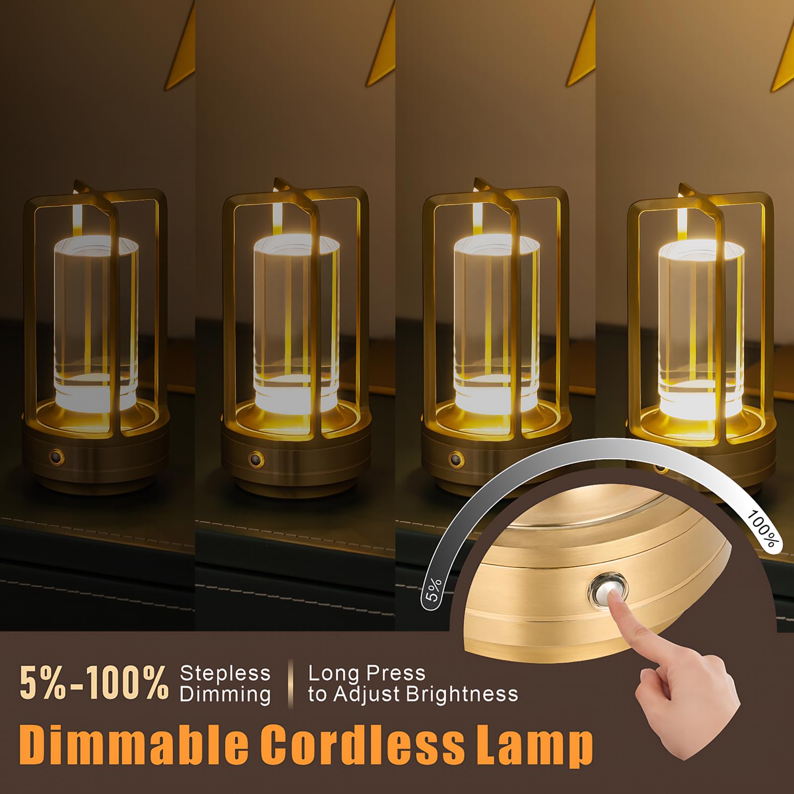 UMLAEN Rechargeable Table Lamp, Cordless, 3 Color, Stepless Dimming, Metal, Gold, 2 Pack, Model BG6004JS-A42P