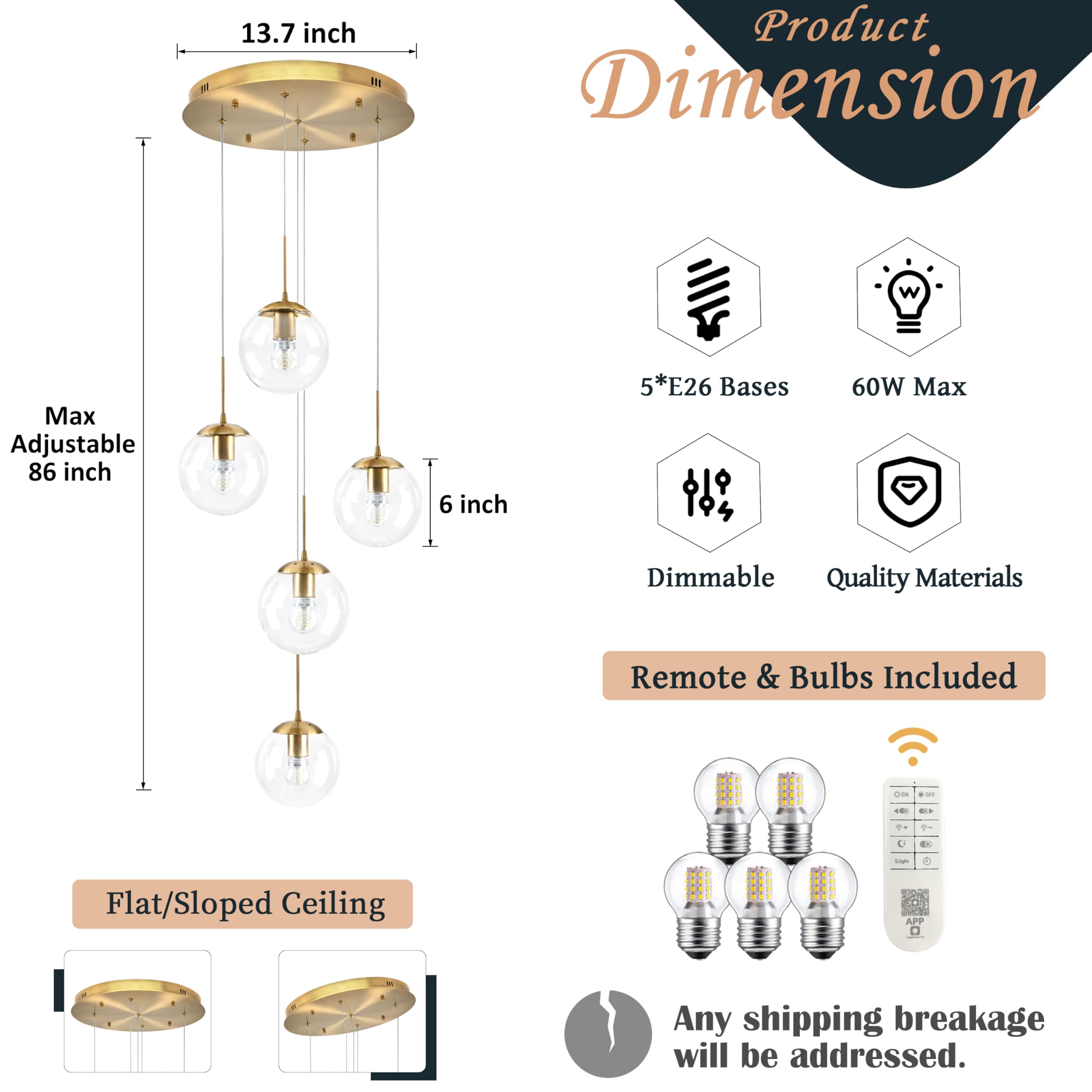 Koko&Yukina 5-Light Globe Glass Pendant Light Adjustable Length Pendant Lights Modern Gold Clear Globe Glass Chandelier High Cei