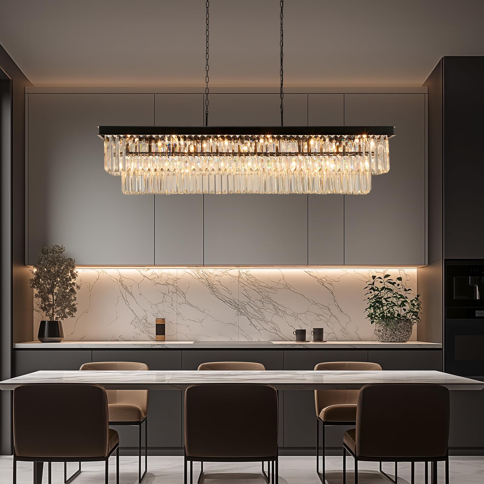 Weesalife Crystal Chandeliers, 18-Lights Black Modern Rectangle, L46", for Dining Room & Kitchen Island, Model A8828