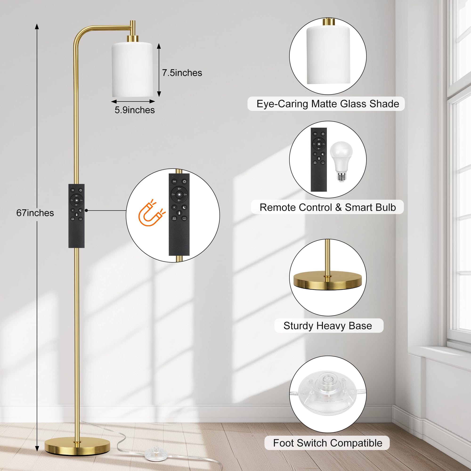 Qimh Floor Lamps For Living Room Bedroom, Gold Modern Lamp With Remote Control & Foot Switch, Industrial Standing Lamp Dimmable