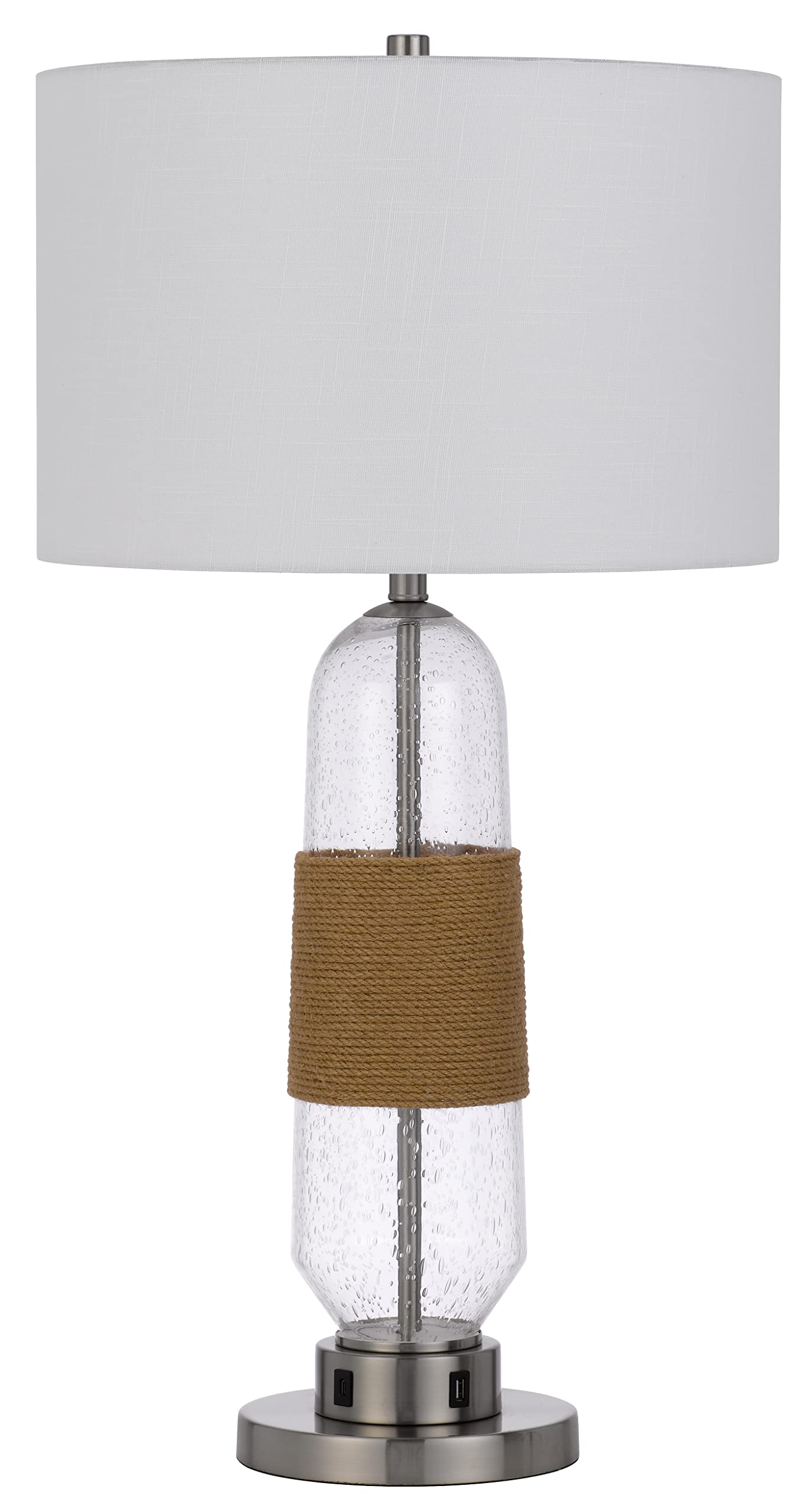 Cal Lighting BO-3127TB 150W 3 Way Everett Bubbled Glass Table Lamp with Burlap Design and Drum Fabric Shade. Equipped with 1 USB and1 USB-C Charging Ports