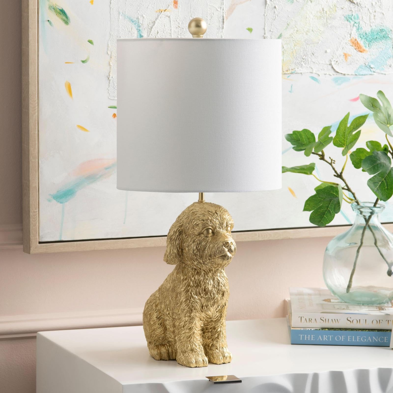 Crestview Collection 24 Golden Doodle Dog Resin Table Lamp  Desk Lamp w/White Linen Shade Cute Bedside Lamp for Bedroom Nightstand Lamps for Living Room Unique Aesthetic Home Room Decor