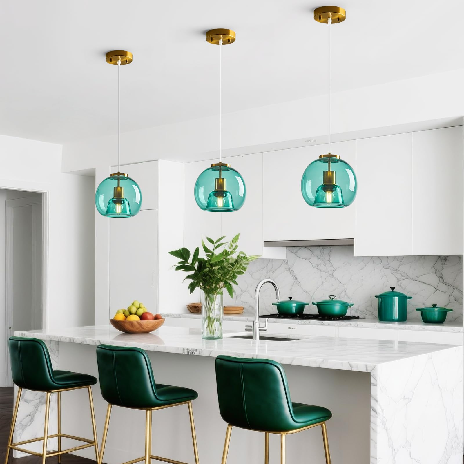Lbsqj Light Blue Glass Pendant Lights Kitchen Island Gold Hanging Light Fixture Glass Globe Pendant Light Modern Pendant Lighting For Kitchen Island Bedroom Dining Room (7.87  3 Pack)