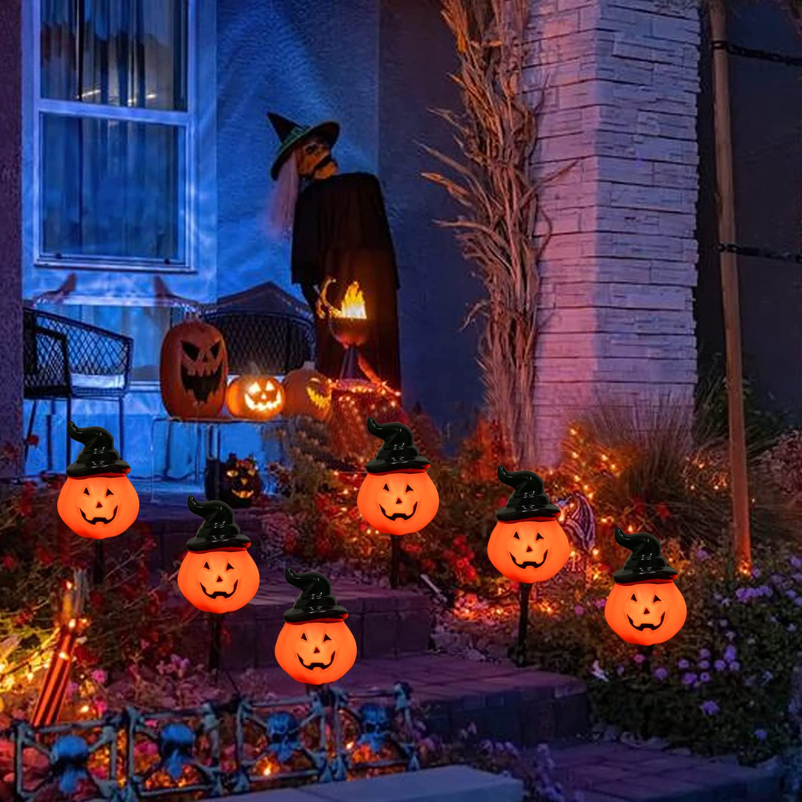 Halloween Pumpkin Pathway String Lights 4 Jack-O-Lantern Stakes Lights With C7 Bulbs  7Ft Extendable Wizard Hat Pumpkin Markers Lights For Outdoor Halloween Lawn Pathway Walkway Driveway Lighting