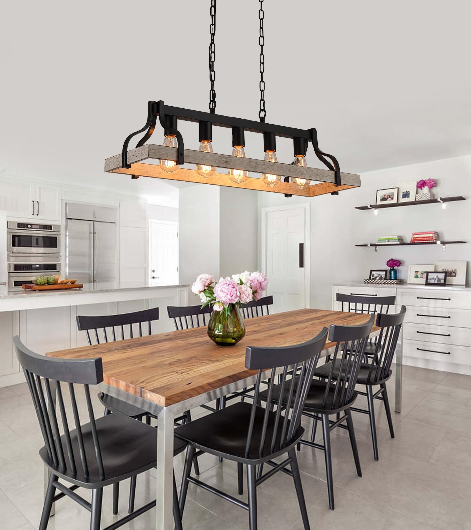 MEIXISUE 5-Lights Linear Chandelier - White Birch & Black Metal Finish, Farmhouse Industrial Lighting for Dining Room & Kitchen