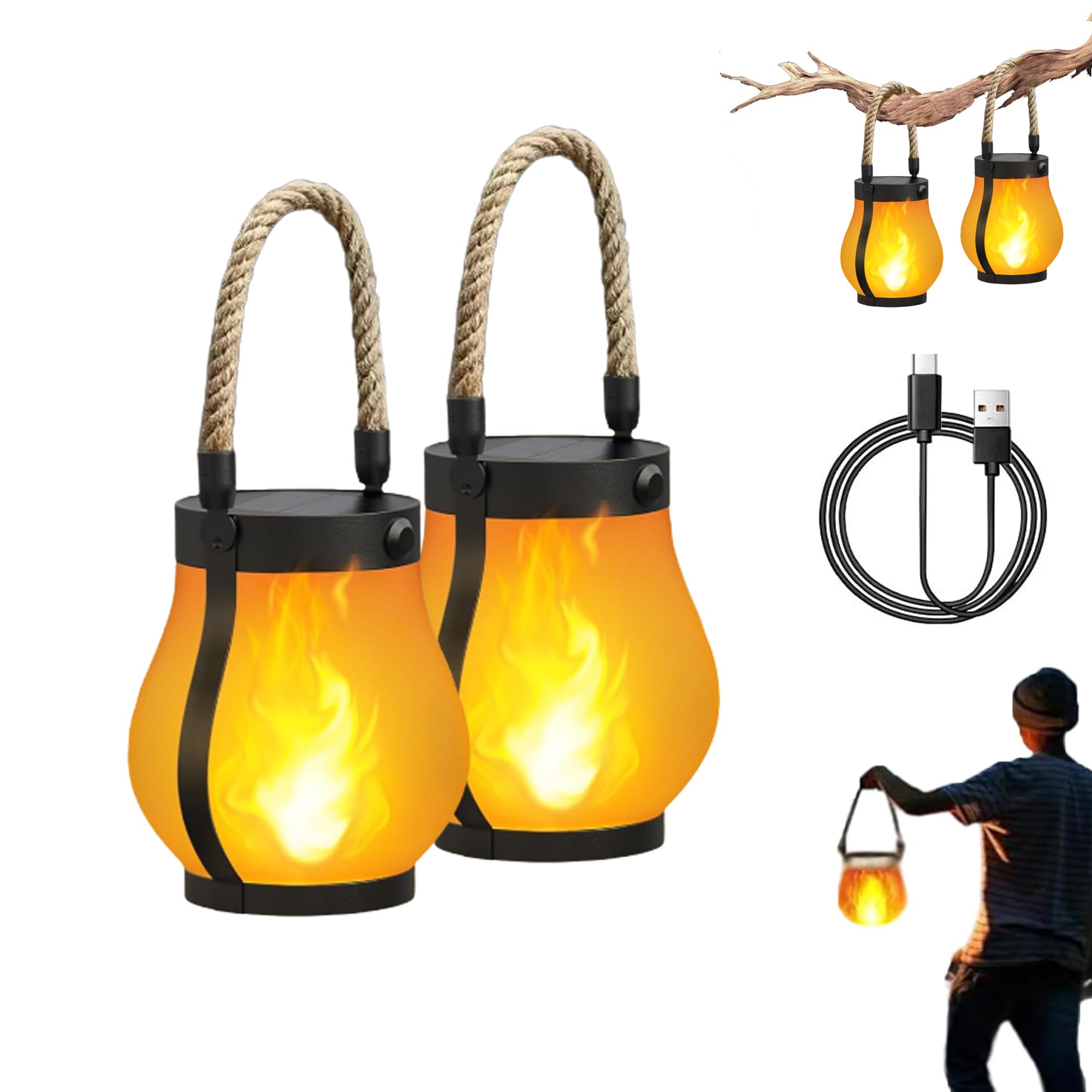 Lysliv Solar Lanterns - Waterproof USB Rechargeable with 3D Flickering Flame, Boho Design, 2 Pcs, Flame Color, Model Flame-01