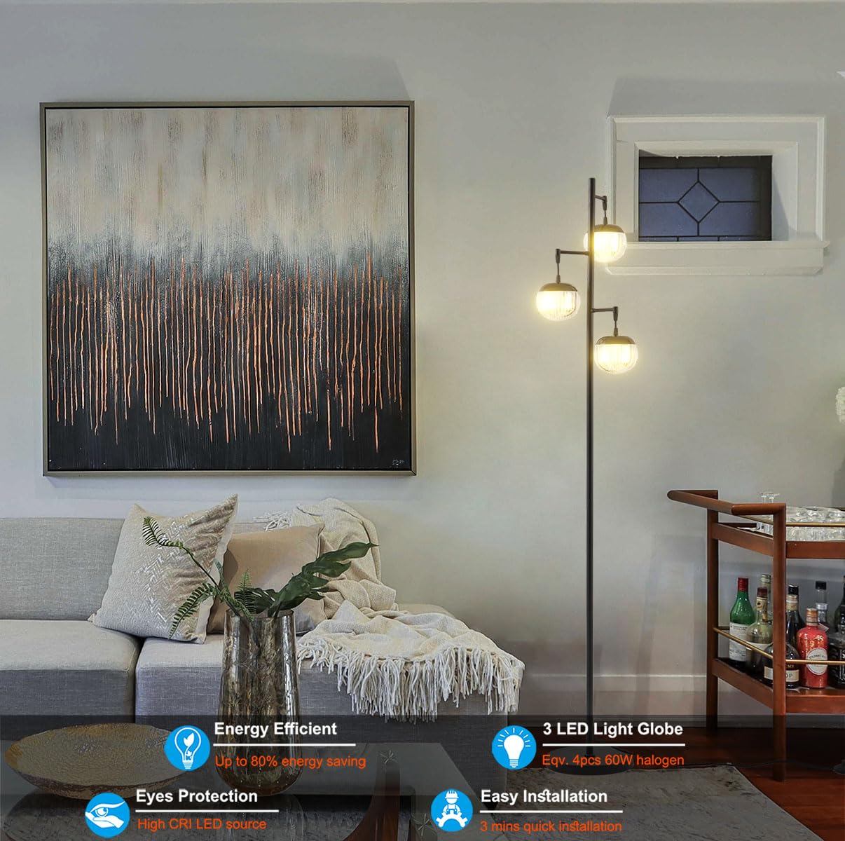 Fiqevs Mid Century Modern Floor Lamp - 3 Globe LED, 3 Ribbed Clear Shades, Black, Model FC-PGFL-3LGB, Ideal for Living Room & Office