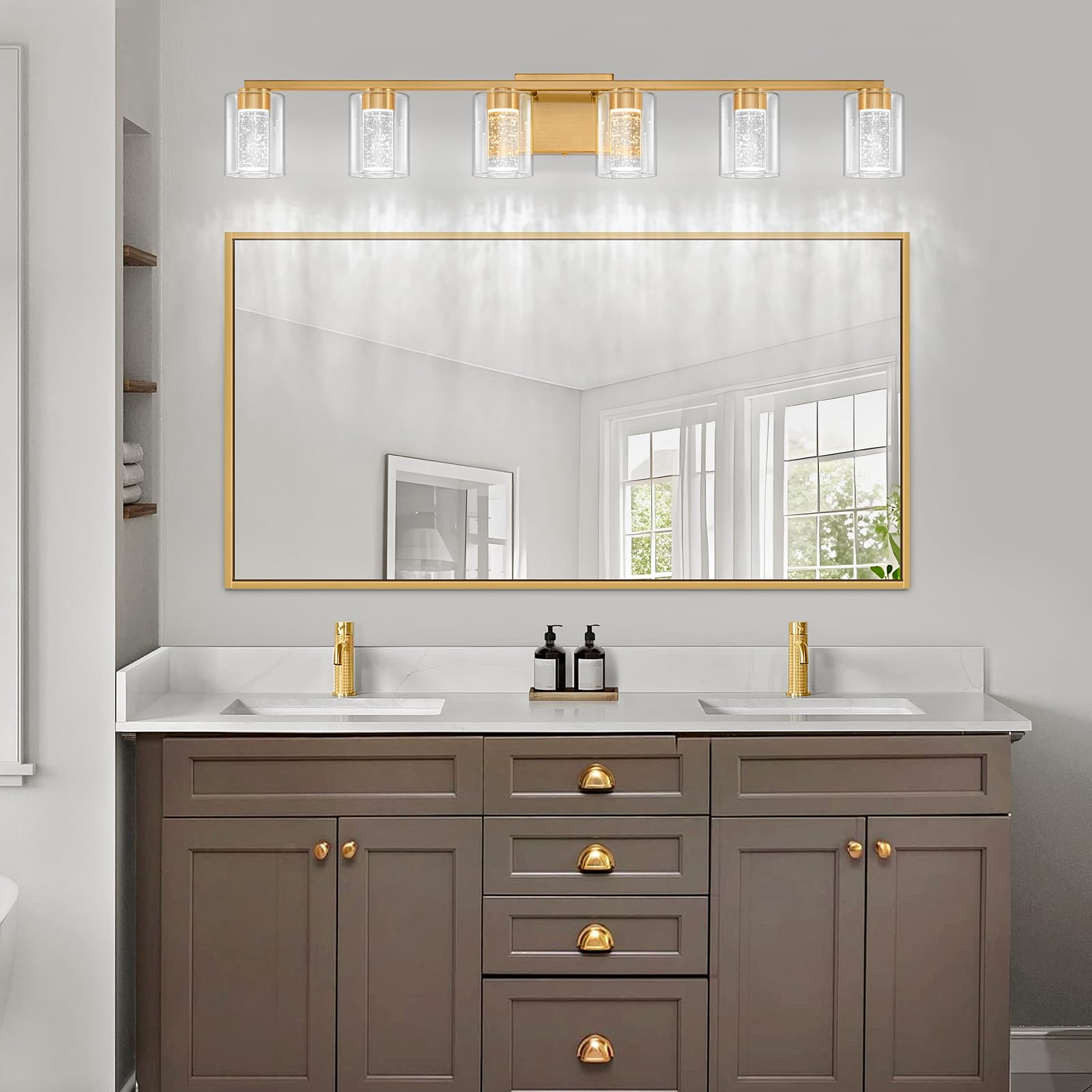 SineRise 6-Light Gold Vanity Light, Dimmable LED Bathroom Fixture, Eye Protection, 3000K/4000K/6000K, Model 44852ac9