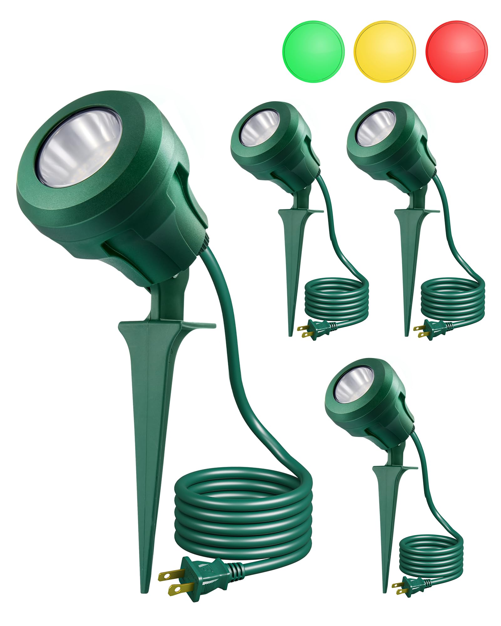 EDISHINE 120V Outdoor LED Spotlights, 4.8W Plug in Spotlight with 3 Lenses (Red Green Yellow) & 180 Rotatable Lamphead, 5000K Wa