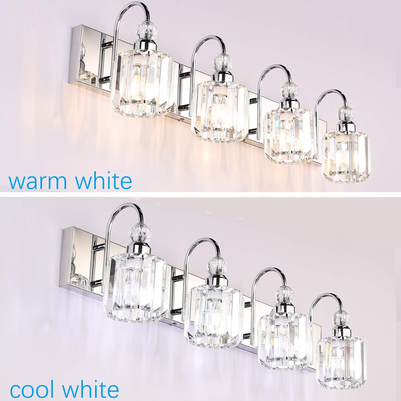 Ralbay 4-Light Modern LED Crystal Bathroom Vanity Lights, Round Chrome, Stainless Steel Fixtures, Model 8600