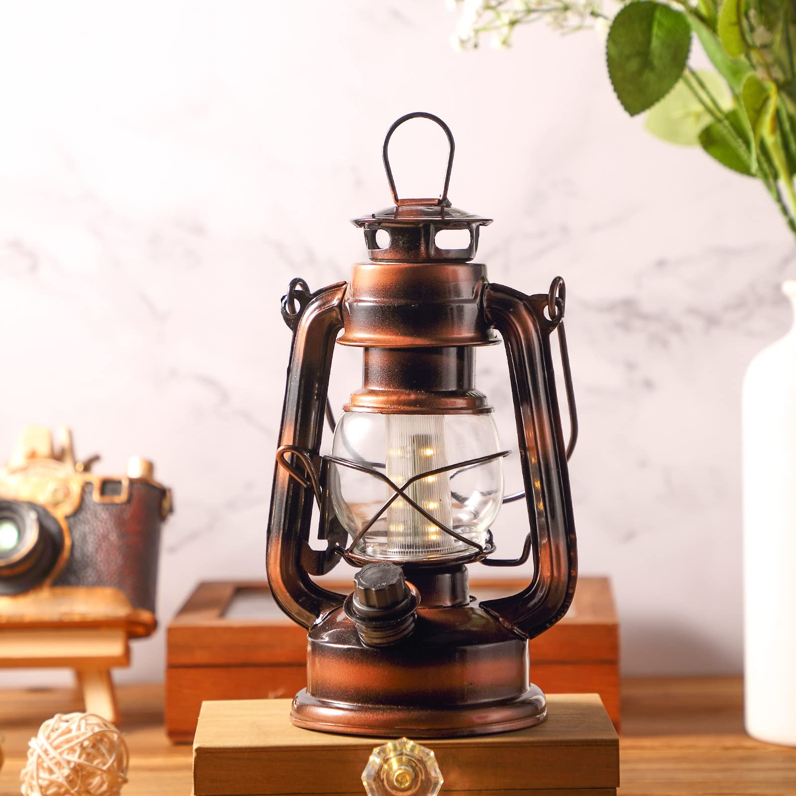 Hortsun 8&quot; Vintage Led Hurricane Lantern - 12 Warm Leds, Dimmer, Battery Operated, Bronze