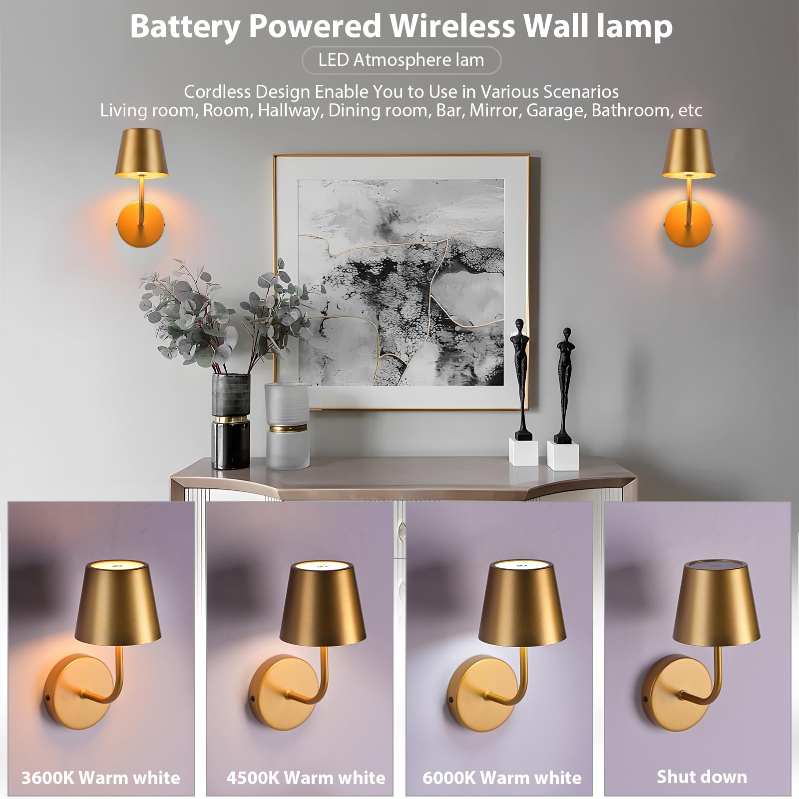 IMQSQIK LED Wall Lamp Set of 2, Rechargeable 5600mAh, Touch Control, Gold, Model RQ-14-2Pack