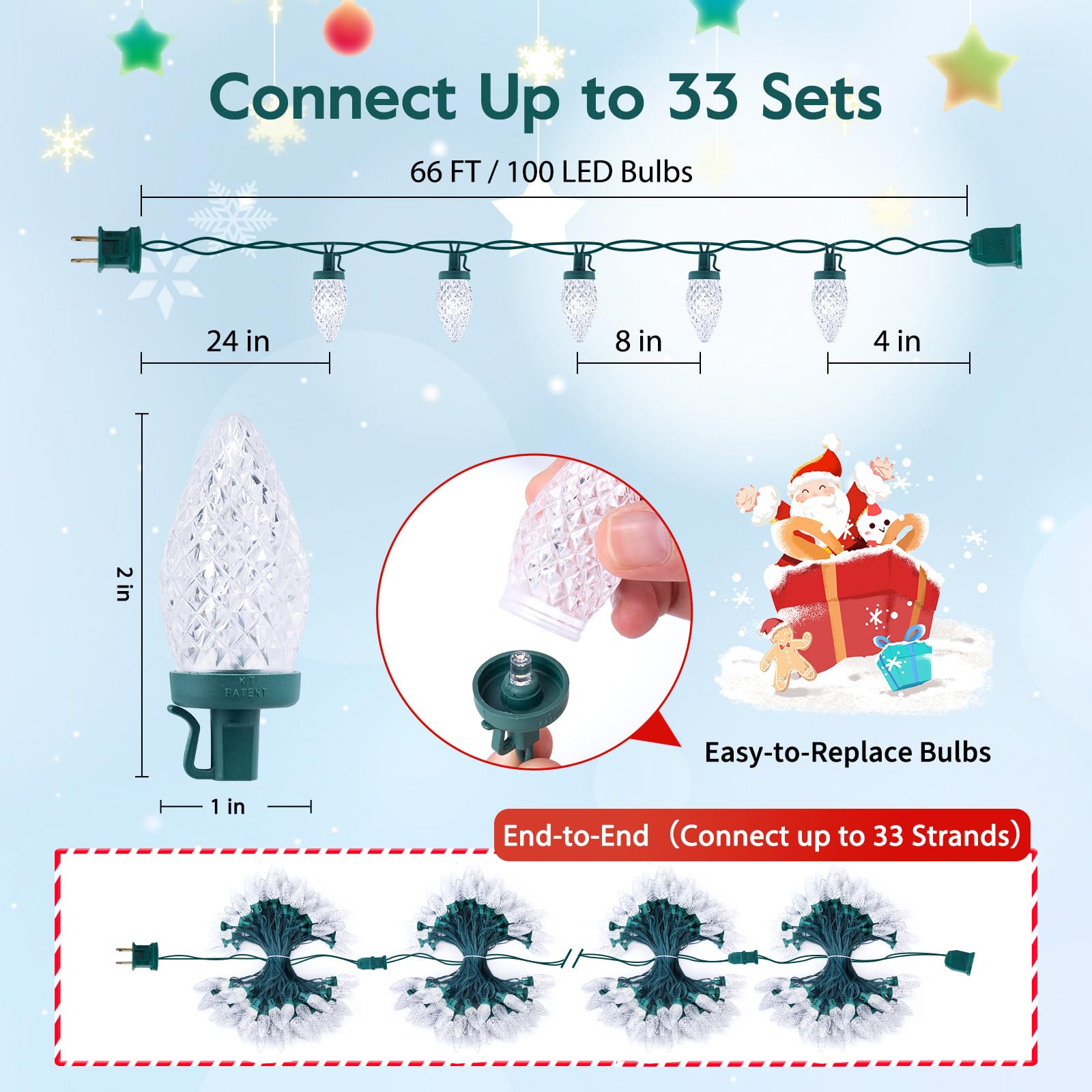 C9 Christmas String Lights White, 66Ft 100 Led Faceted Christmas Lights On Green Wire, Plug-In Large Bulb Strawberry String Ligh