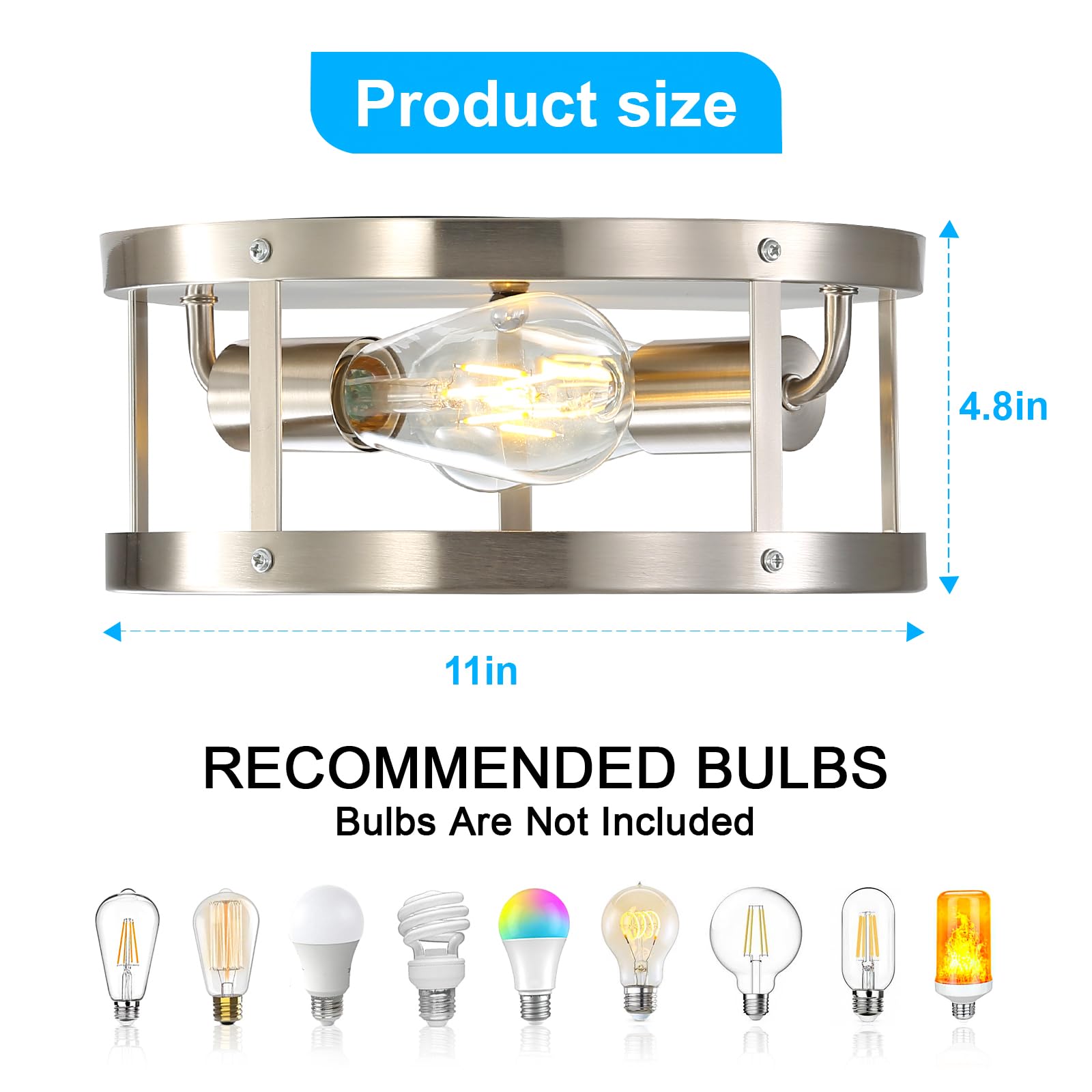 Eietonte Farmhouse Semi Flush Mount Ceiling Light, Brushed Nickel 11 Inch 2-Light Metal Cage Light Fixture Ceiling Mount, Indust